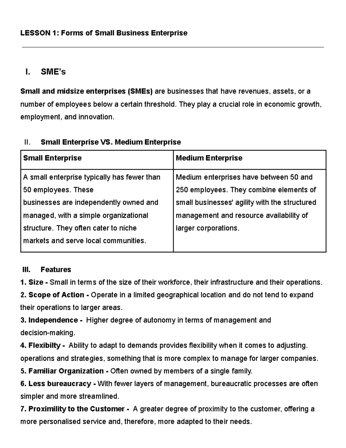 LESSON 1: Forms of Small Business Enterprise (SMEs) and Their Impact ...