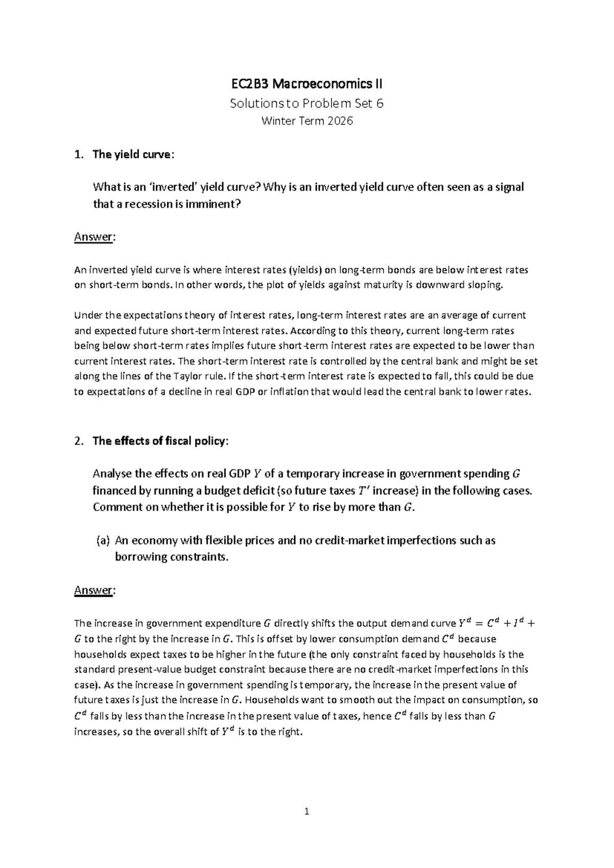EC2B3 Macroeconomics II Problem Set 6 Solutions - Winter 2026 - Studocu