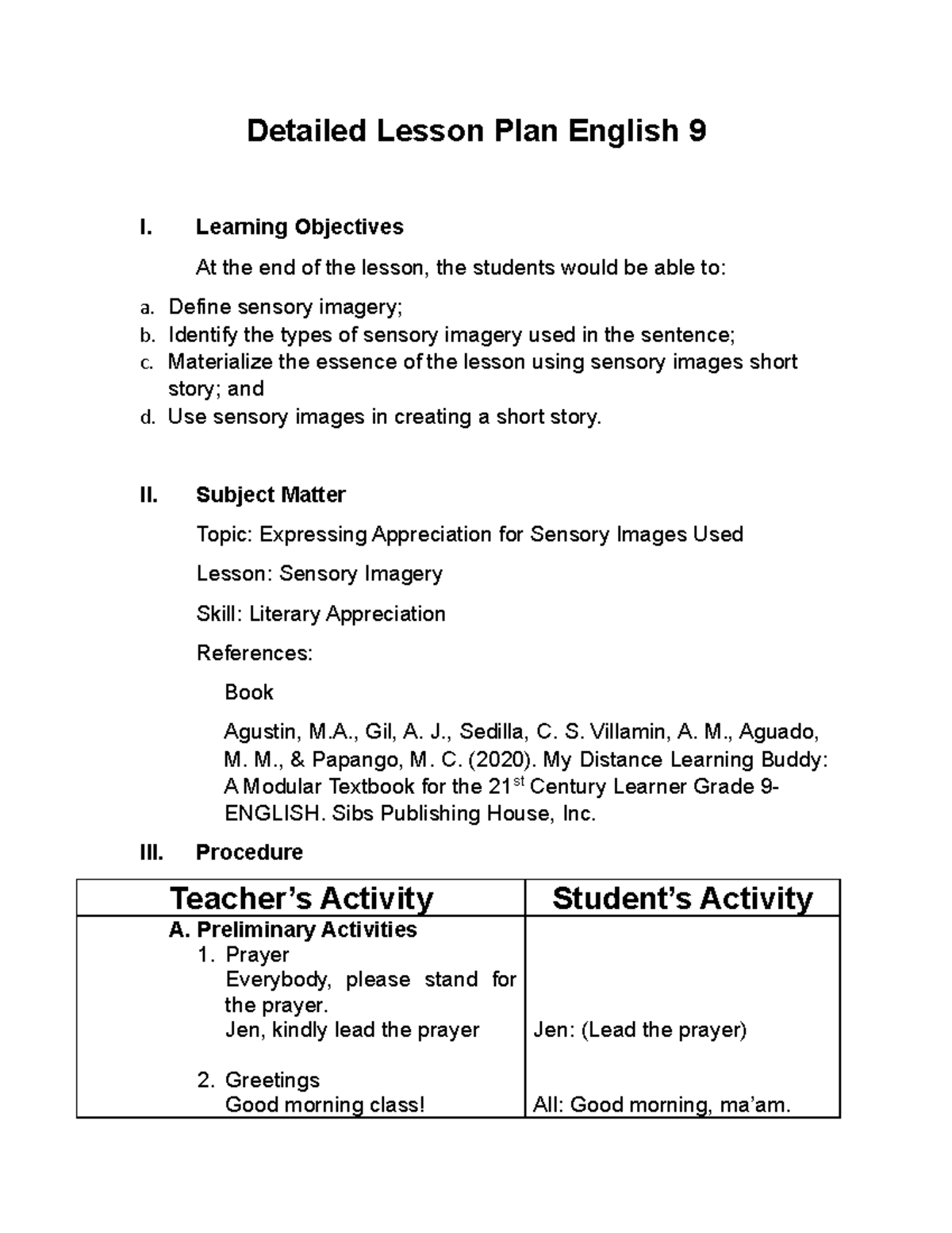 Detailed Lesson Plan: Sensory Imagery - English 9 Final Exam - Studocu