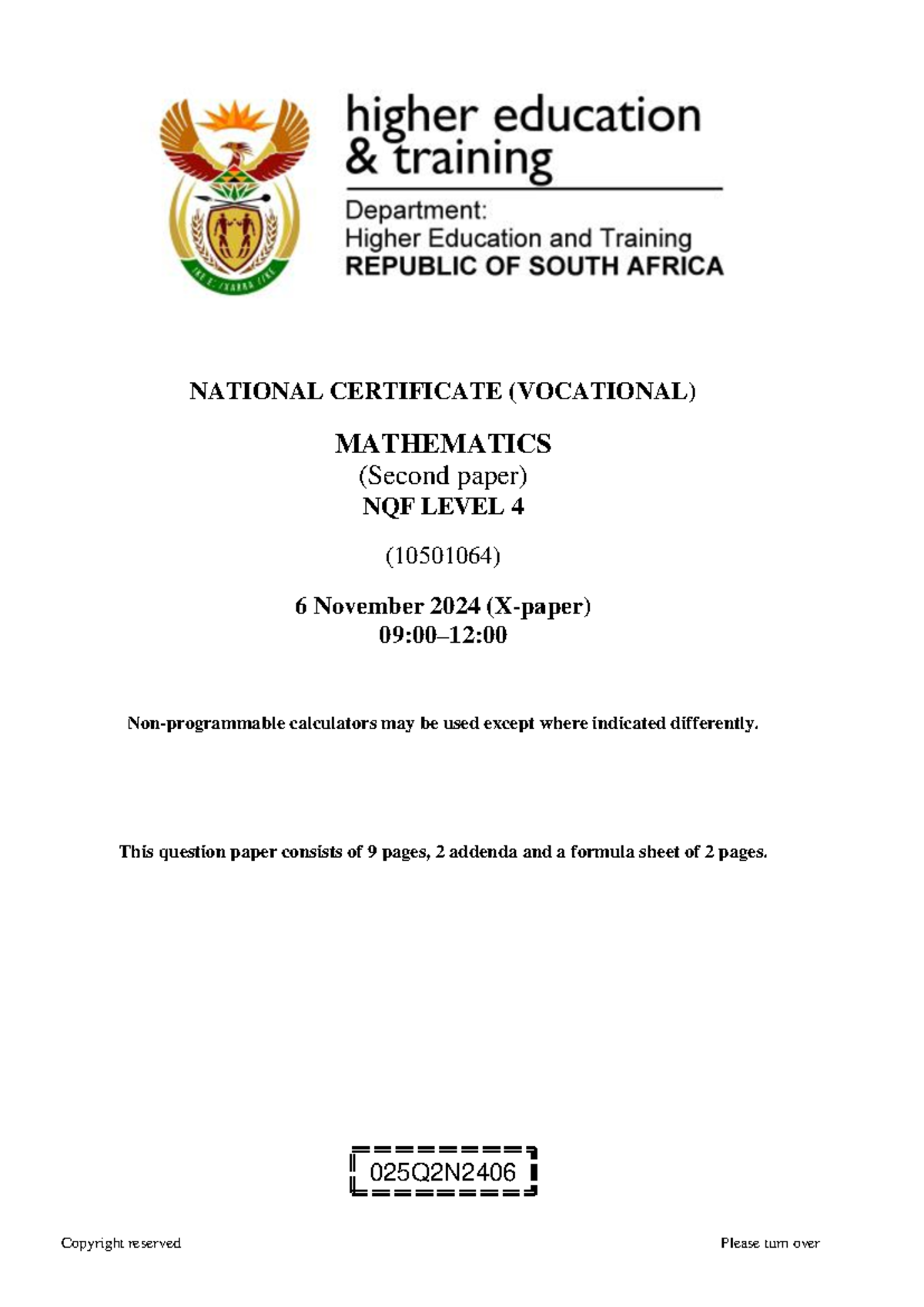 NC2100 - Mathematics NQF Level 4 Second Paper Question Paper November ...