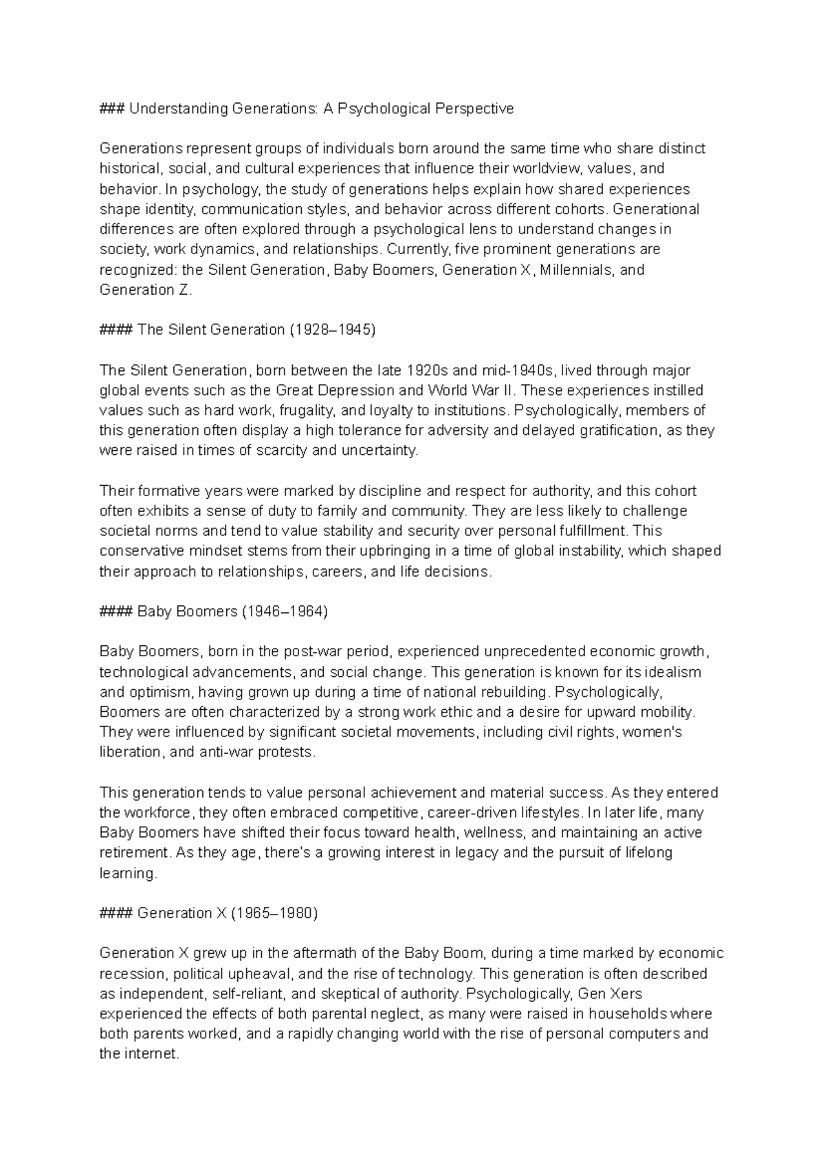 SD - Generational patterns - Understanding Generations: A Psychological ...