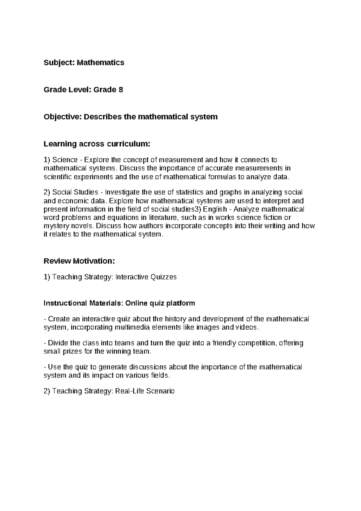 Mathematics Lesson Plan: Engaging Activities for Grade 8 Students - Studocu