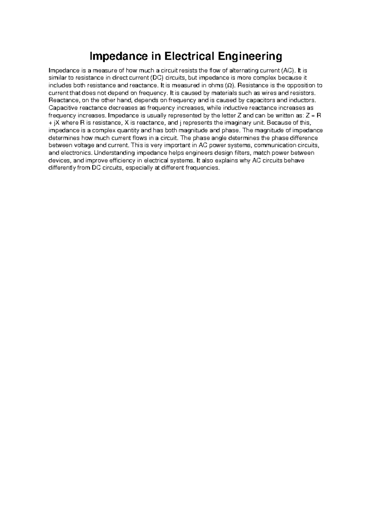 Impedance in Electrical Engineering - Study Notes - Studocu