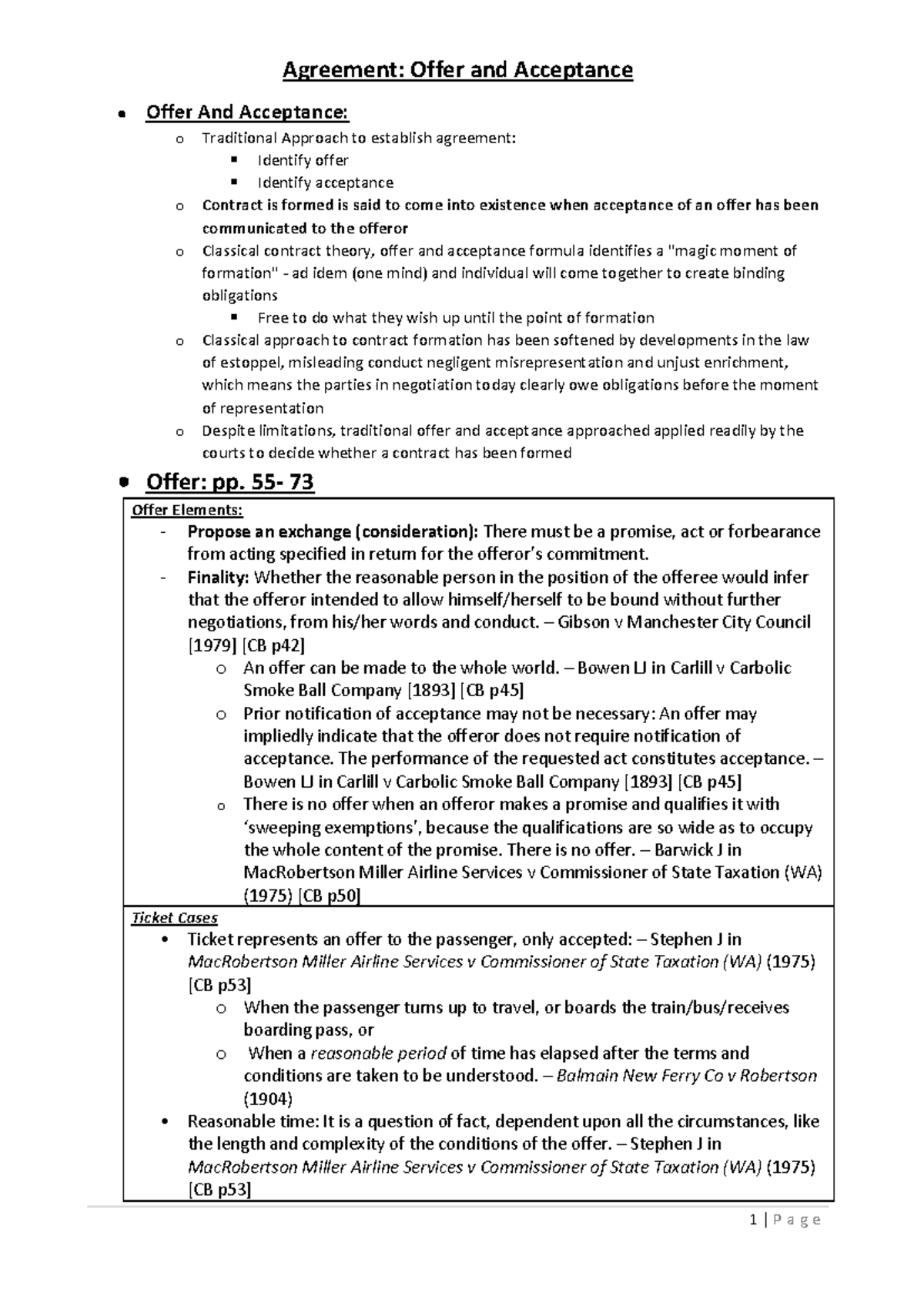 Offer and Acceptance Notes - Agreement: Offer and Acceptance Offer And ...