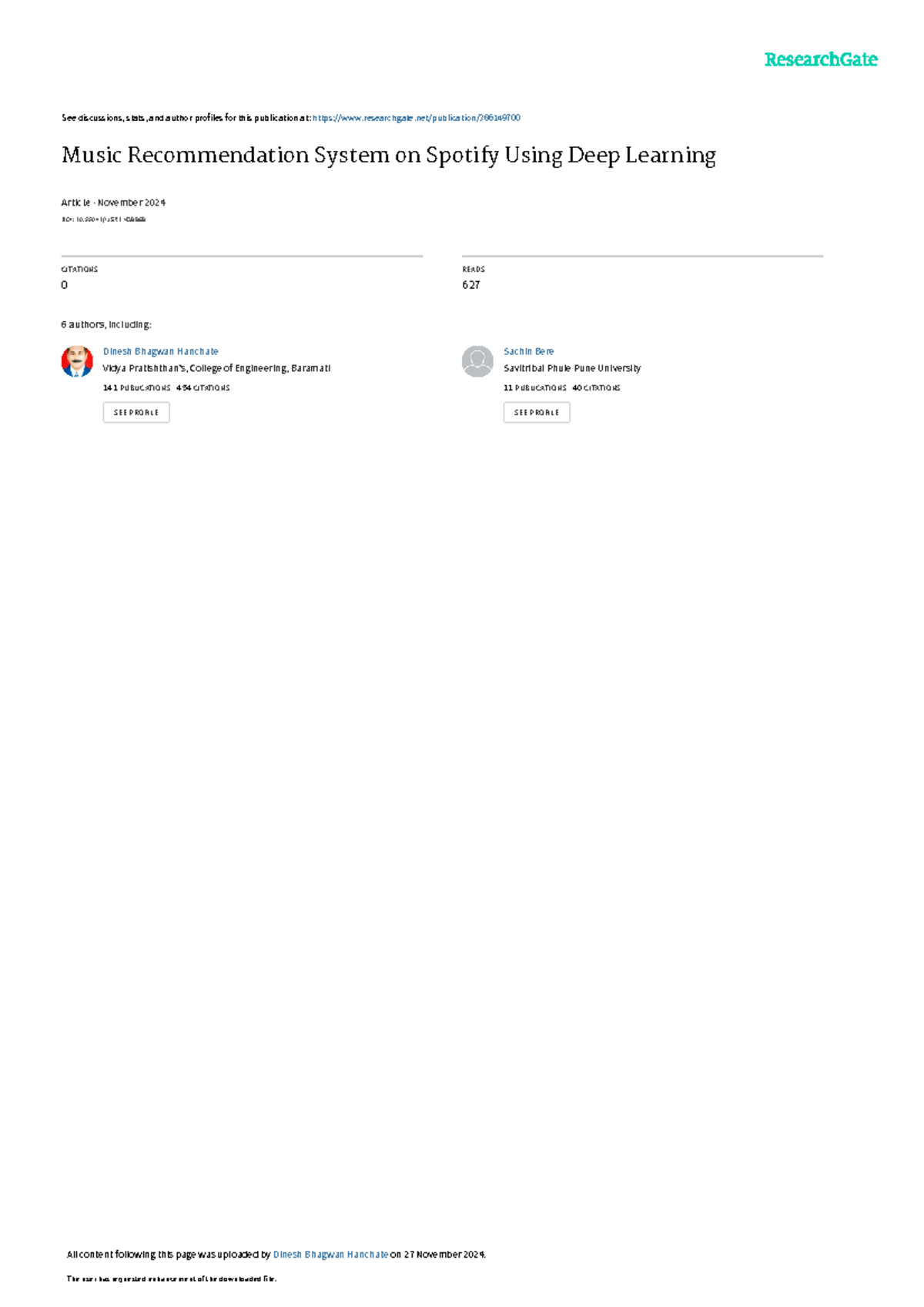 **BE Final Report: Music Recommendation System on Spotify Using Deep ...