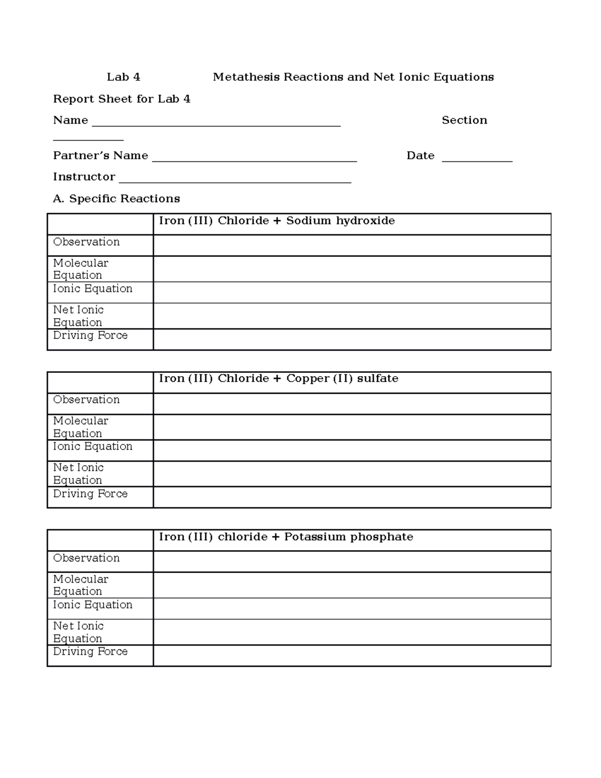 Lab 4 Report: Metathesis Reactions & Net Ionic Equations - Studocu