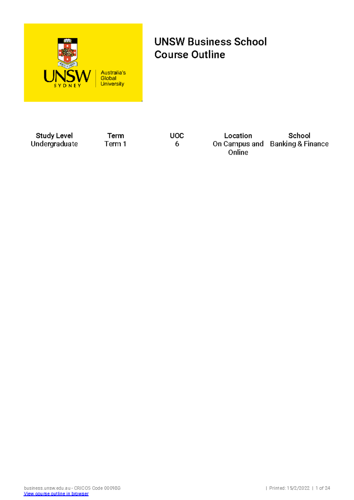 Course Outline - FINS1612 - UNSW Sydney - Studocu
