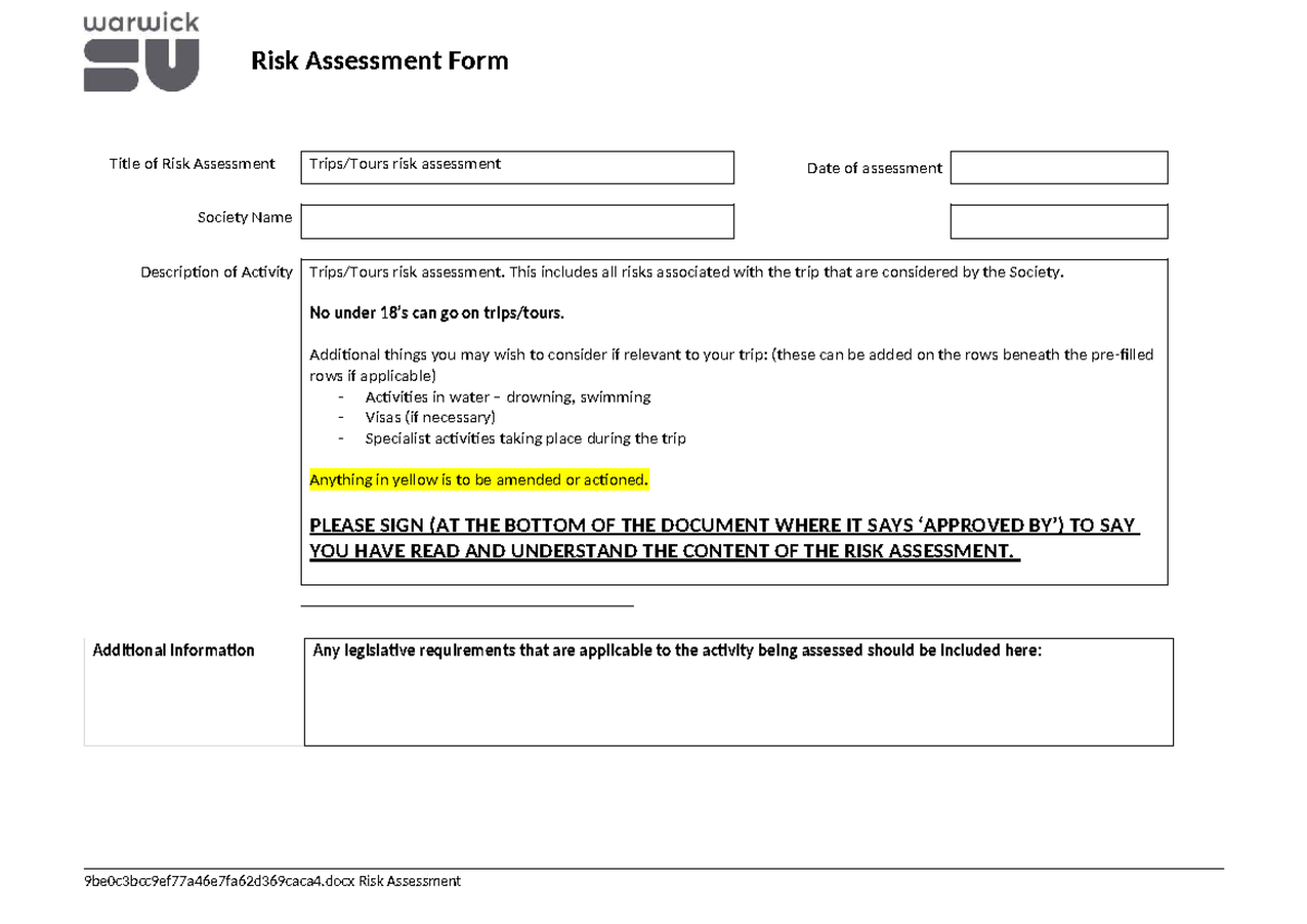 Risk Assessment for Trips and Tours - Warwick Students Union - Studocu