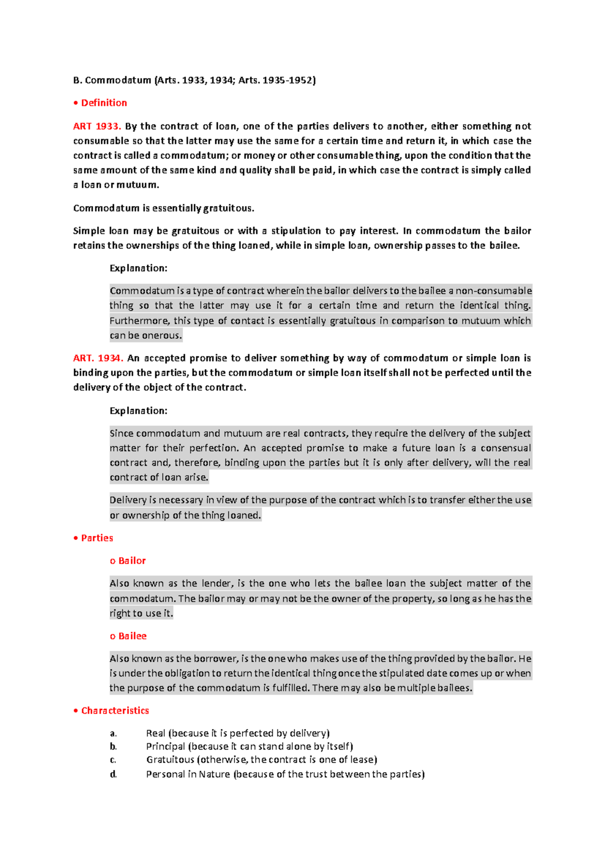 Week 2 Review: Commodatum & Loan Distinction - Law Notes - Studocu