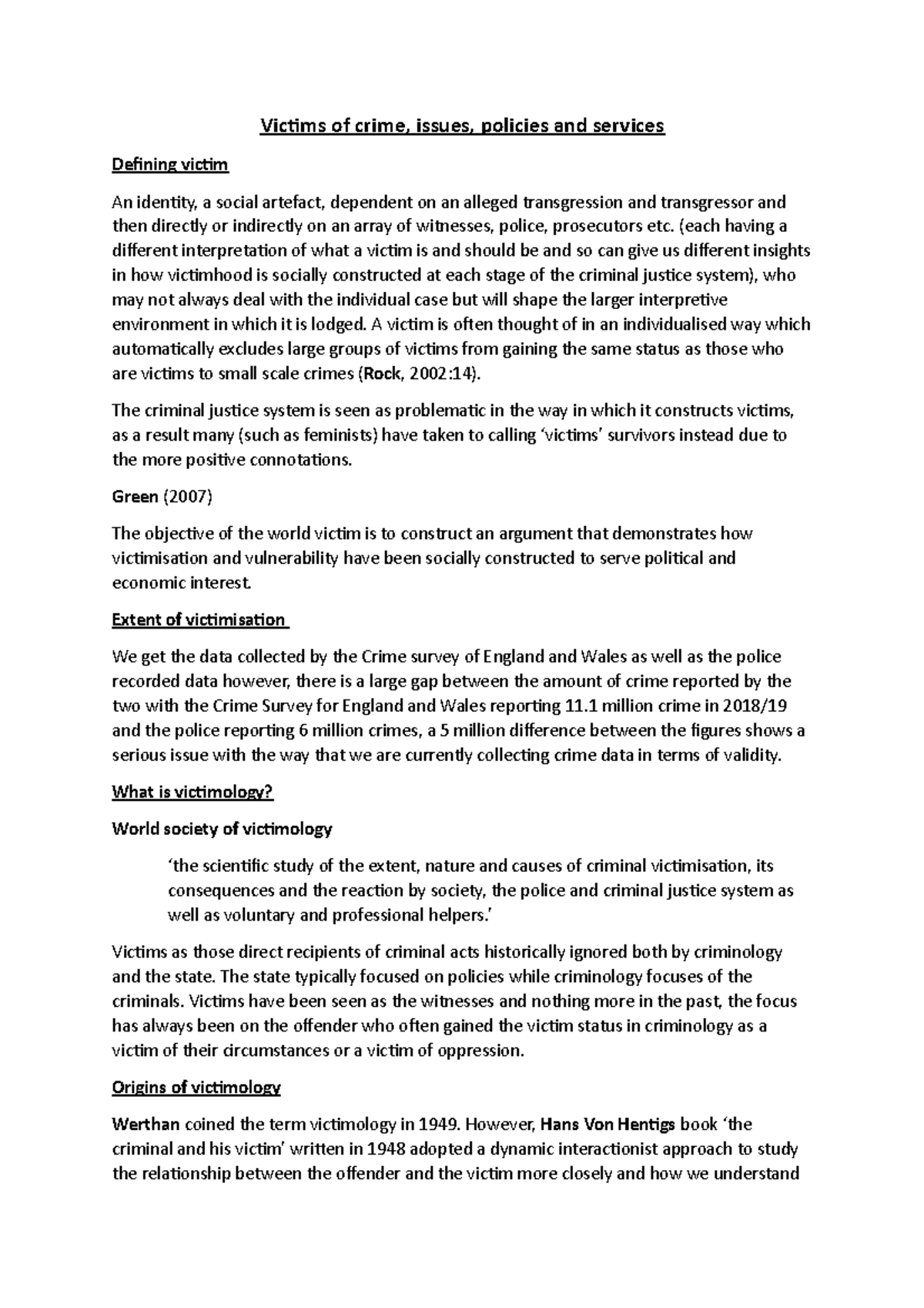Victimology (W5) - Comprehensive Lecture Notes on Victims and Crime ...