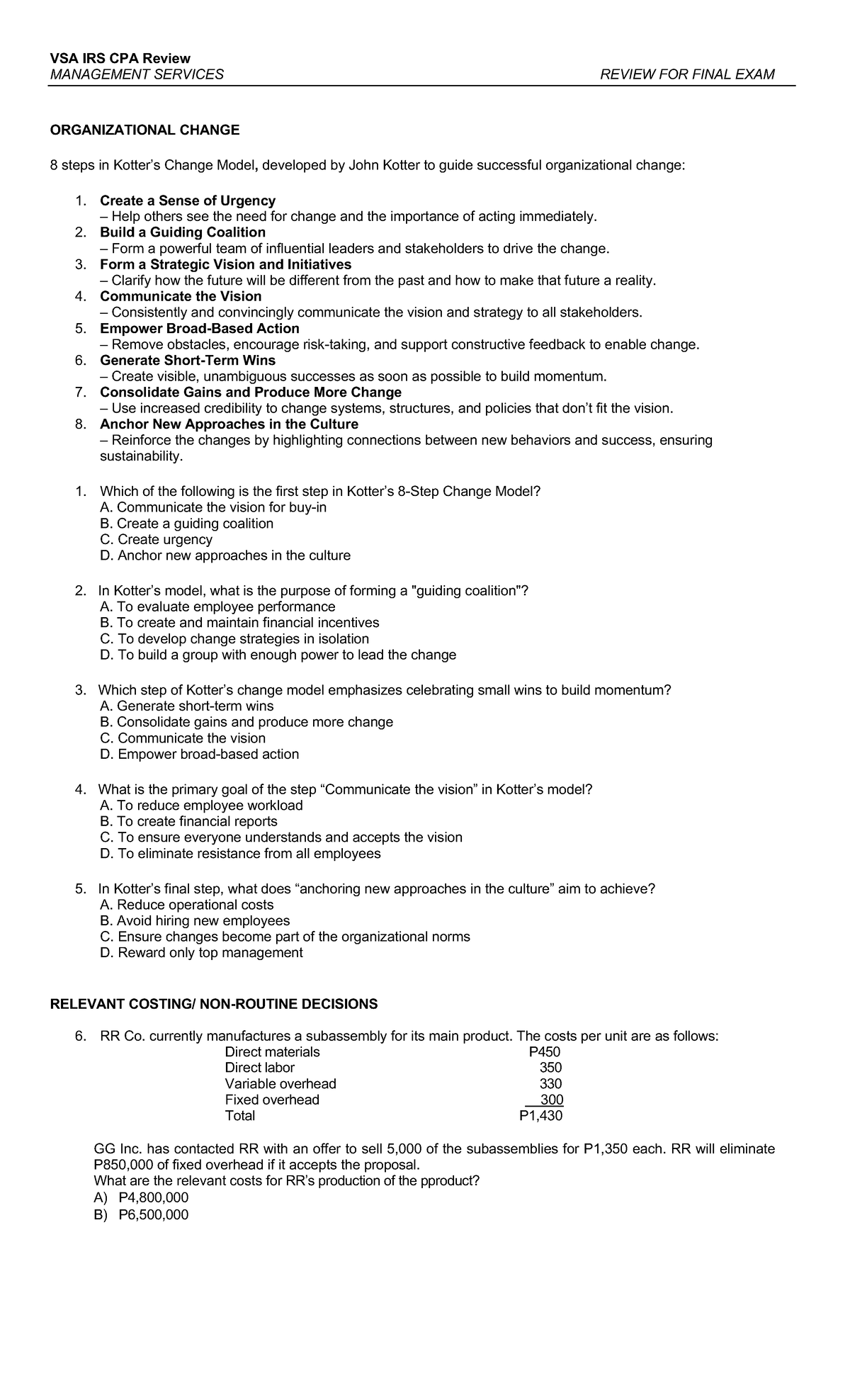 VSA IRS CPA Review: Management Services Final Exam Study Guide - Studocu