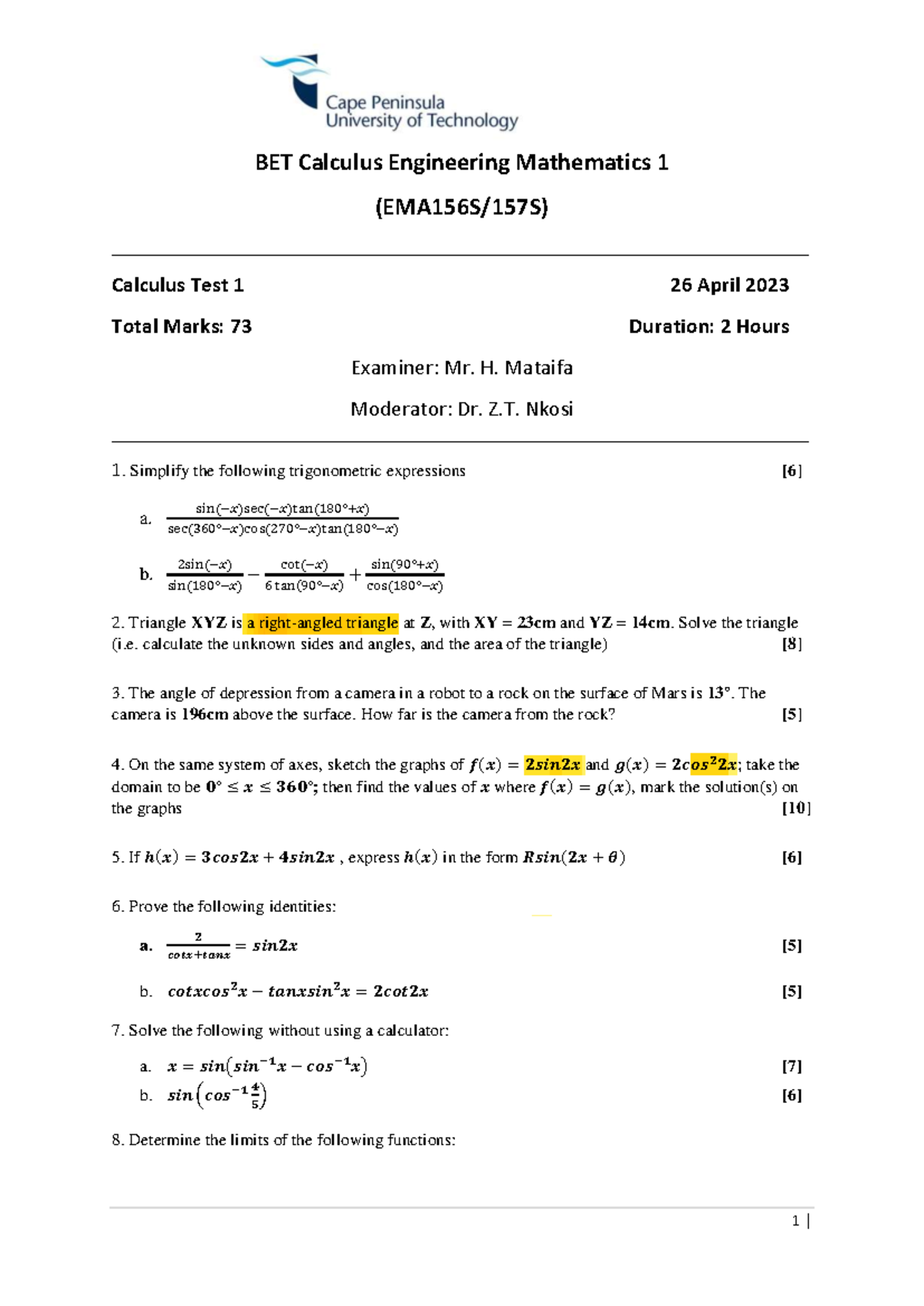2023 EMA156S/157S Calculus Test 1 Practice Questions - Studocu