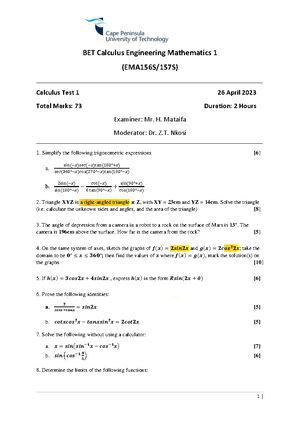 calculus test 1 - 1 | BET Calculus Engineering Mathematics 1 (EMA156S ...