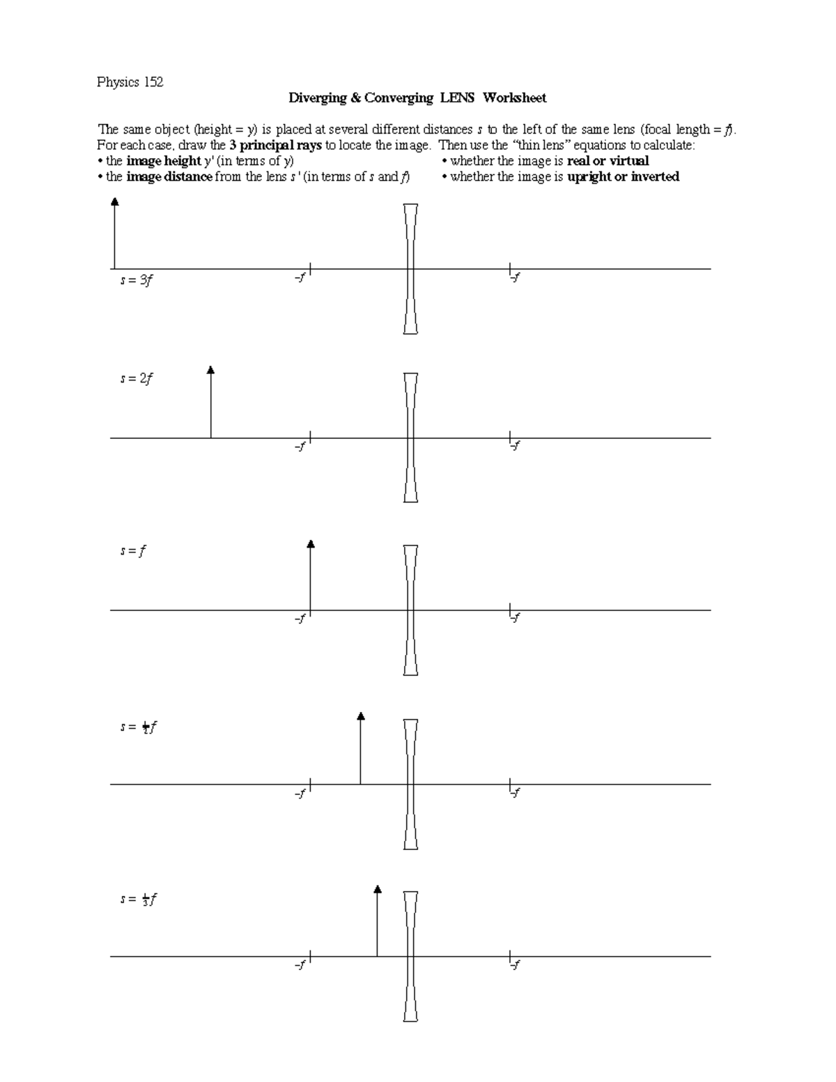 Physics 152 Lenses Worksheet: Diverging & Converging Rays Analysis ...