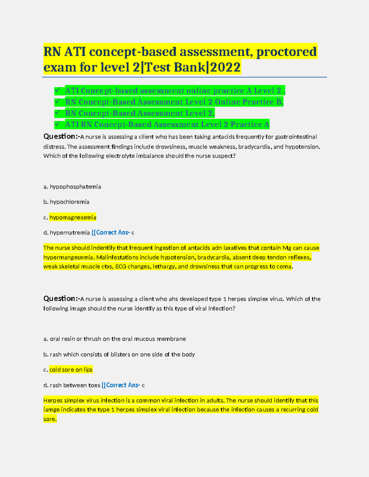 ATI RN Concept-Based Assessment Level 2: Proctored Exam Review - Studocu