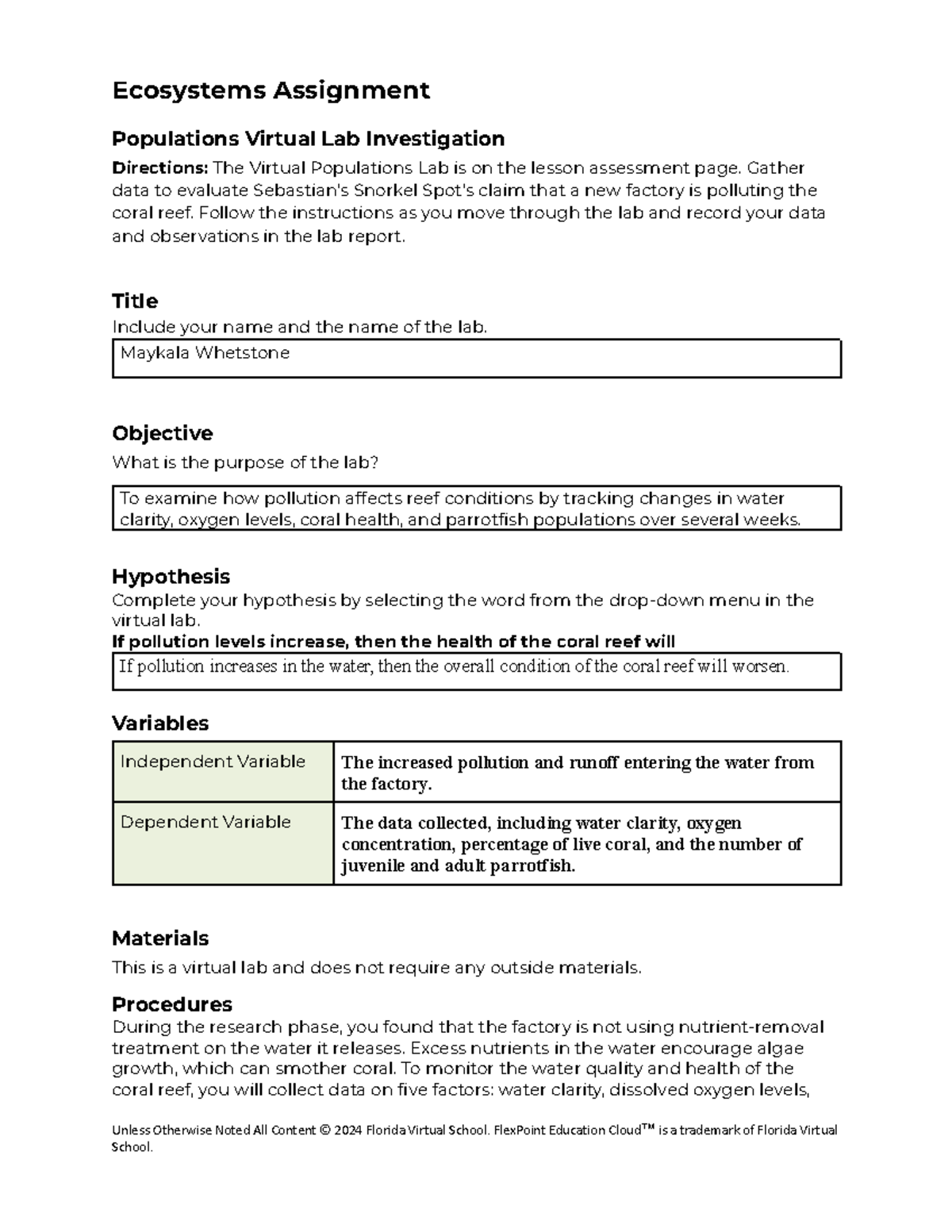 Ecosystems Assignment: Virtual Lab on Coral Reef Pollution (04 03 ...