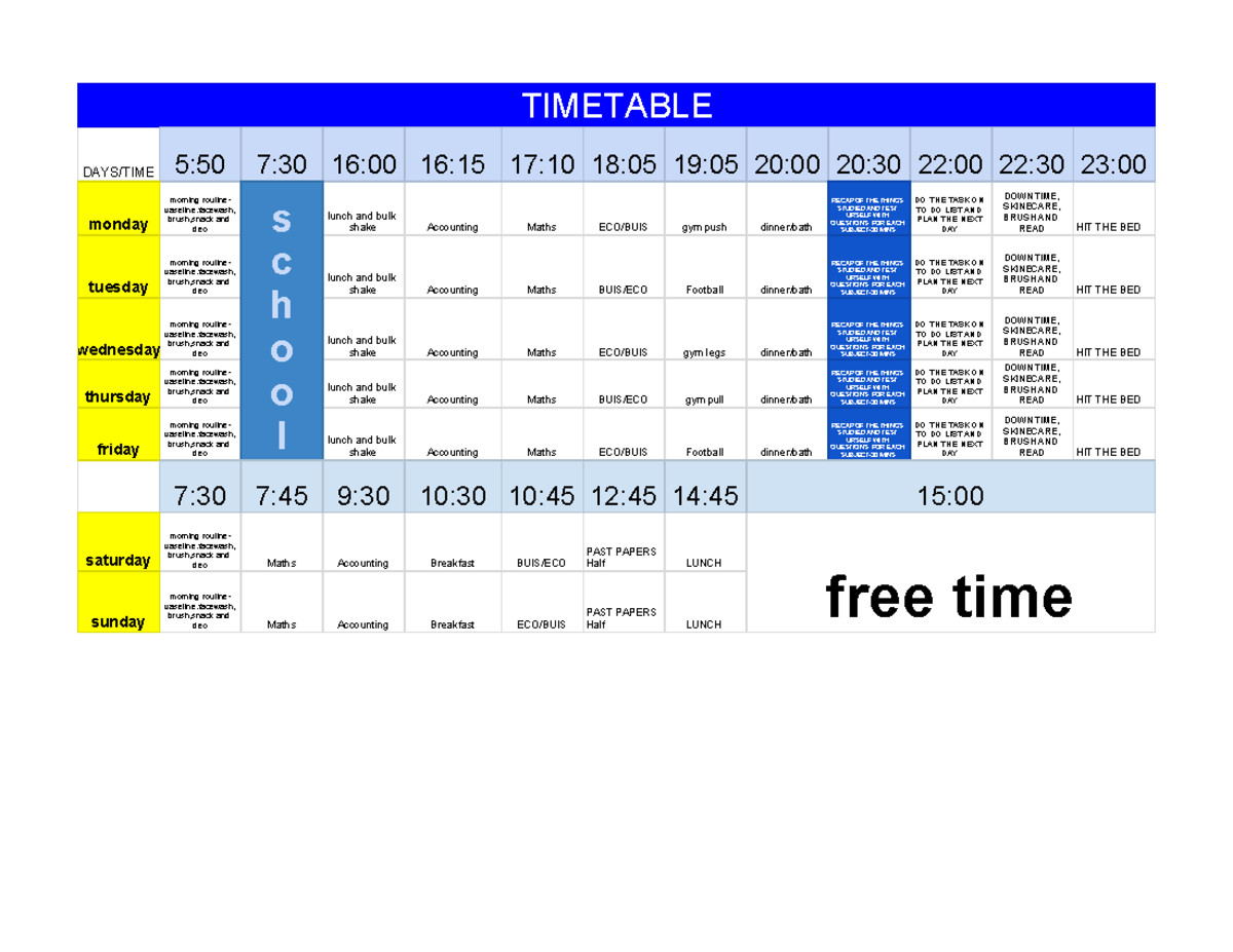 Weekly Routine & Study Timetable for School Activities - Studocu