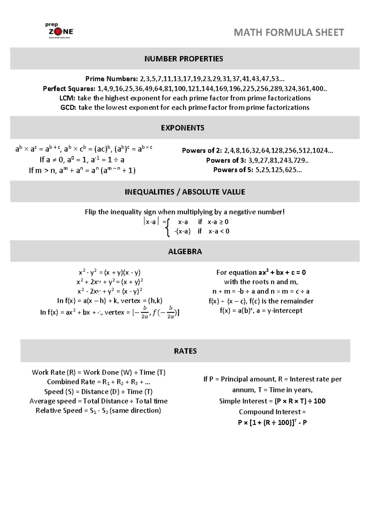 Math Formula Sheet - Essential Concepts and Relationships - Studocu