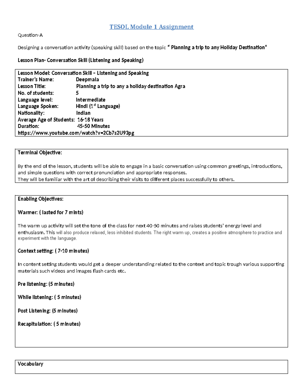 TESOL Module 1 Assignment: Conversation Activity on Holiday Planning ...