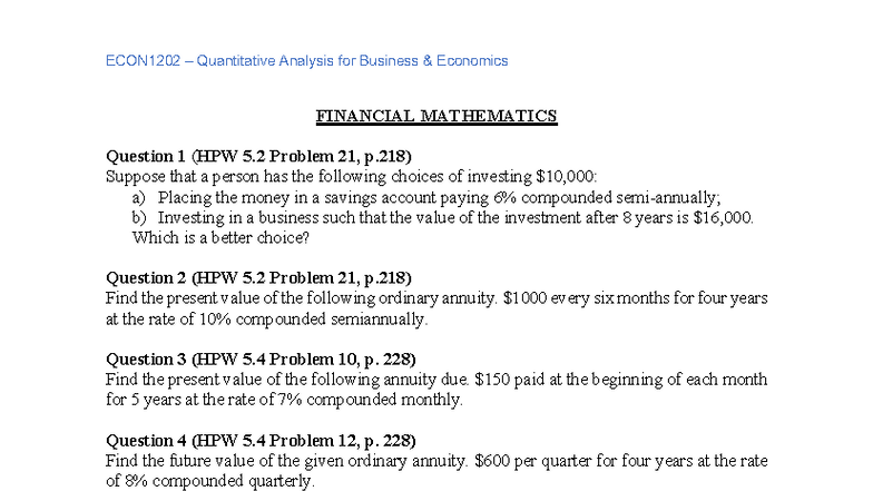 ECON1202 – Financial Mathematics Study Questions & Problems - Studocu