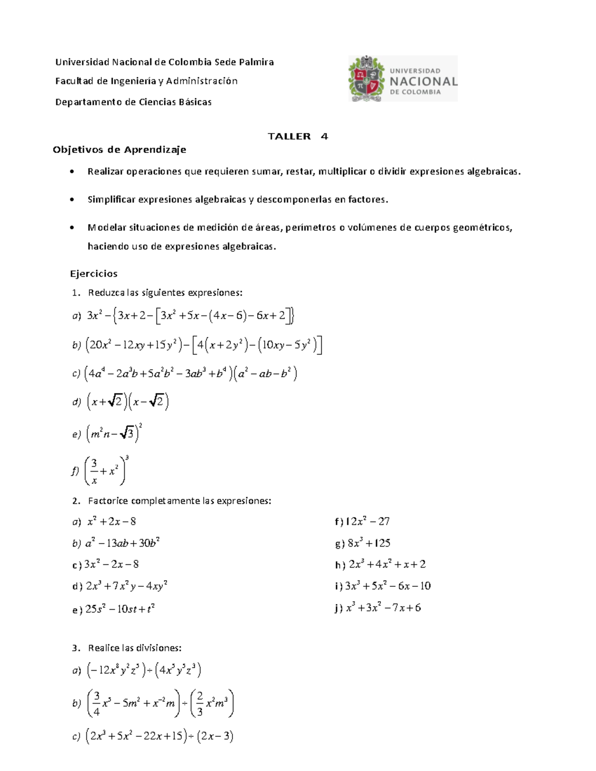 Taller 4: Operaciones y Simplificación de Expresiones Algebraicas MB 25 ...