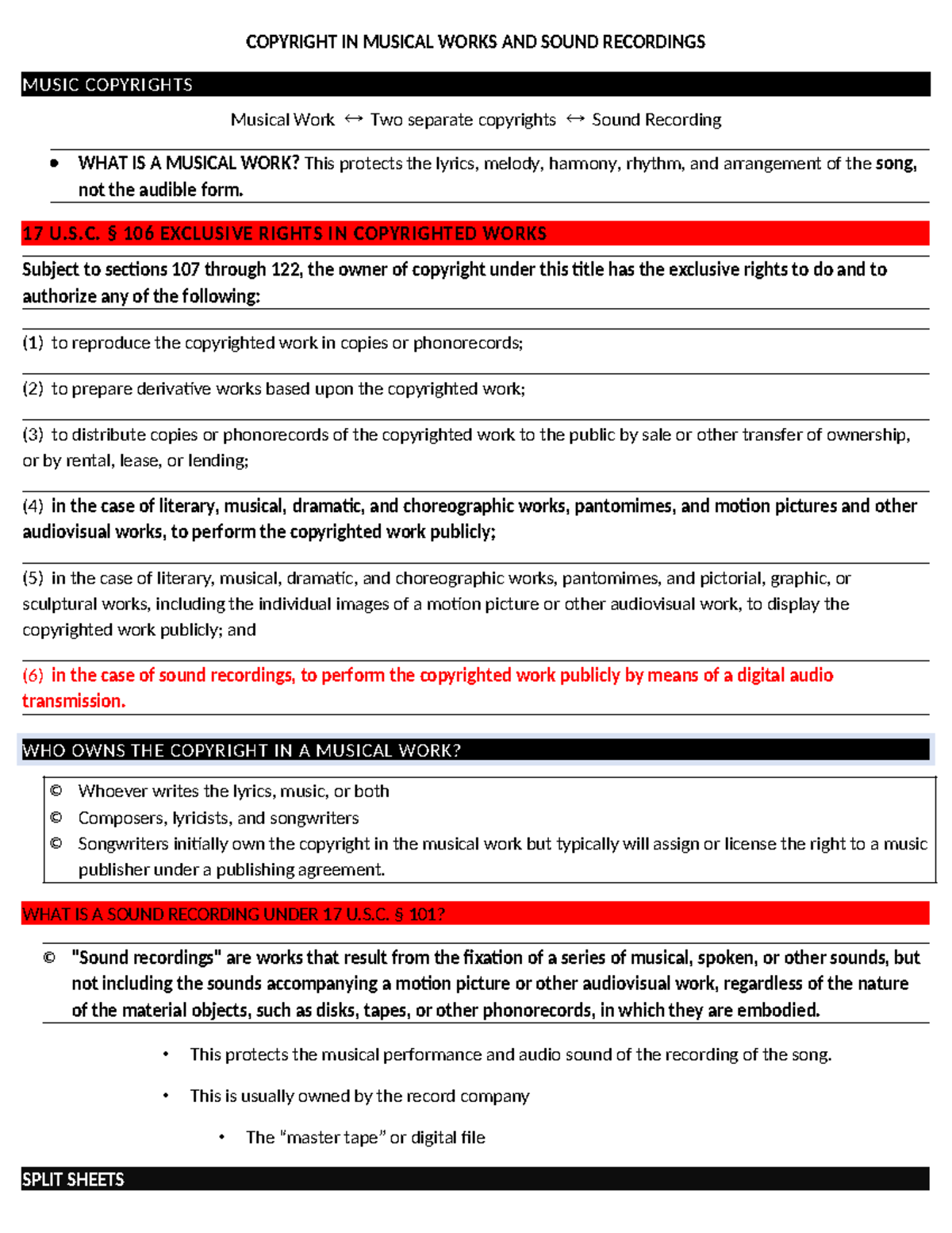 Copyright Outline 3A: Key Concepts in Music Copyright Law - Studocu