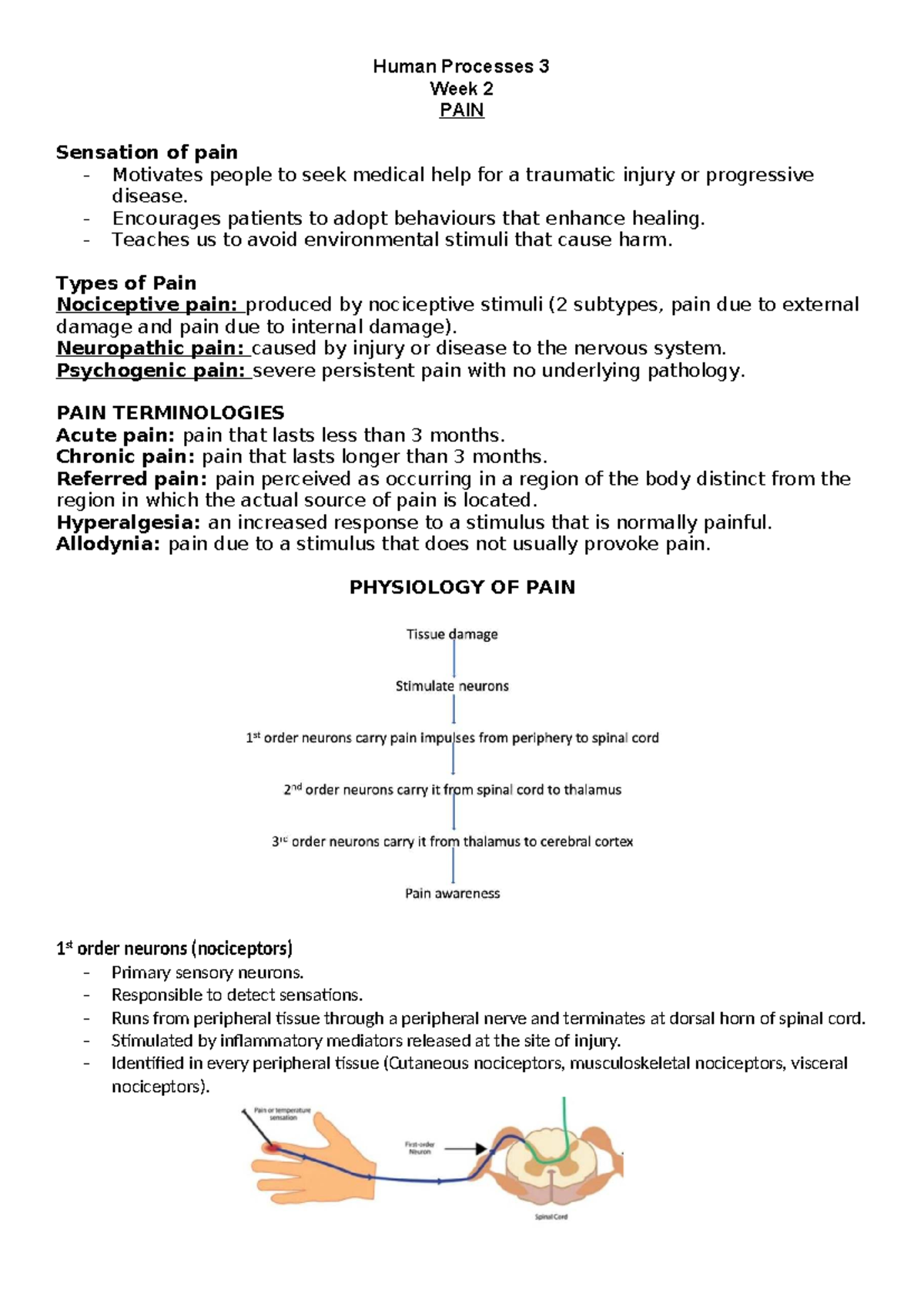 Human Processes 3 Week 2: Understanding Pain and Its Mechanisms - Studocu
