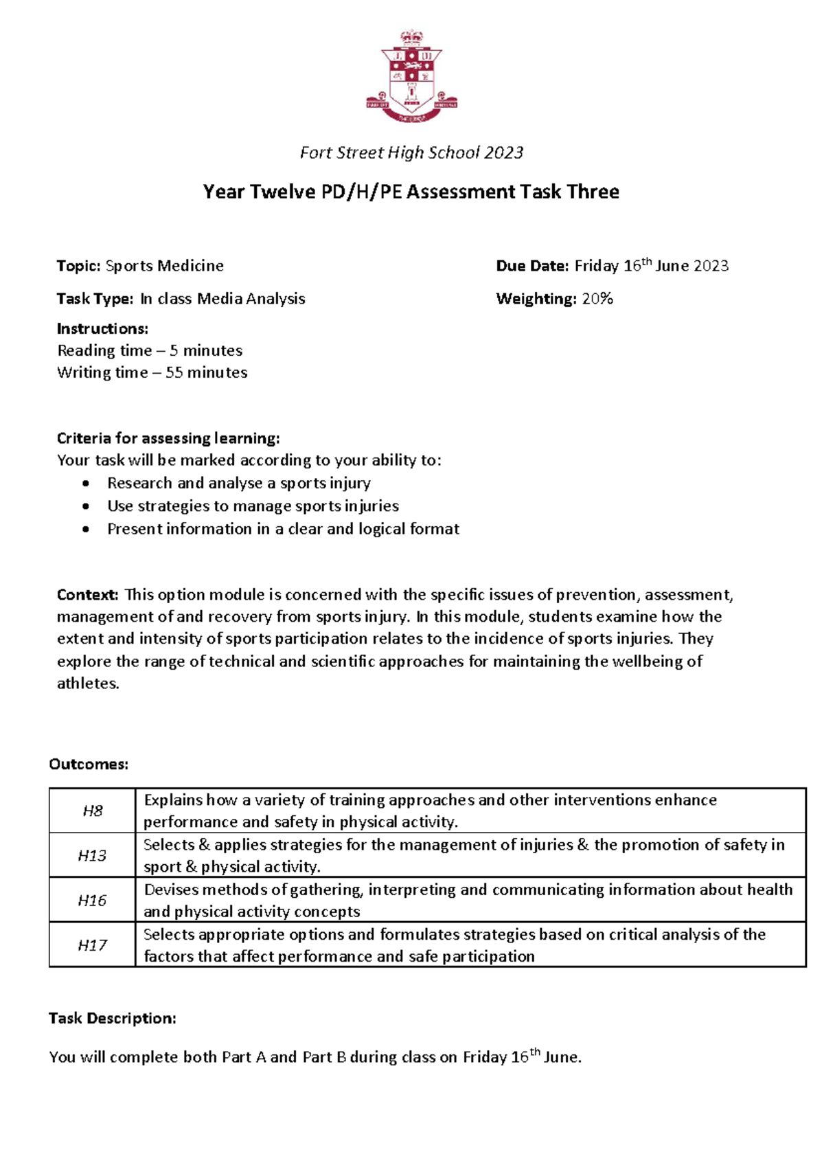 Fort Street HS 2023 Year 12 Assessment Task: Sports Medicine Analysis ...