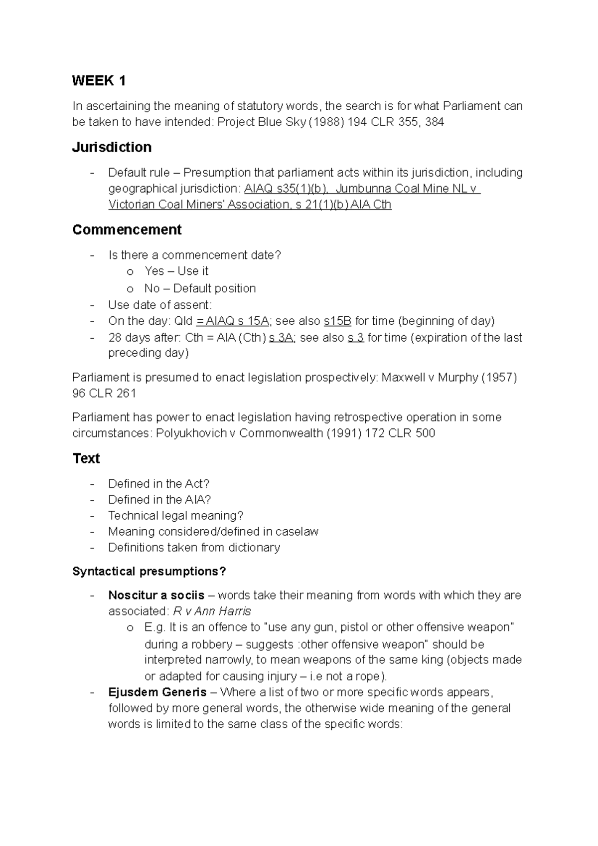 Statutory Interpretation Notes: Key Principles and Cases (LAW101) - Studocu