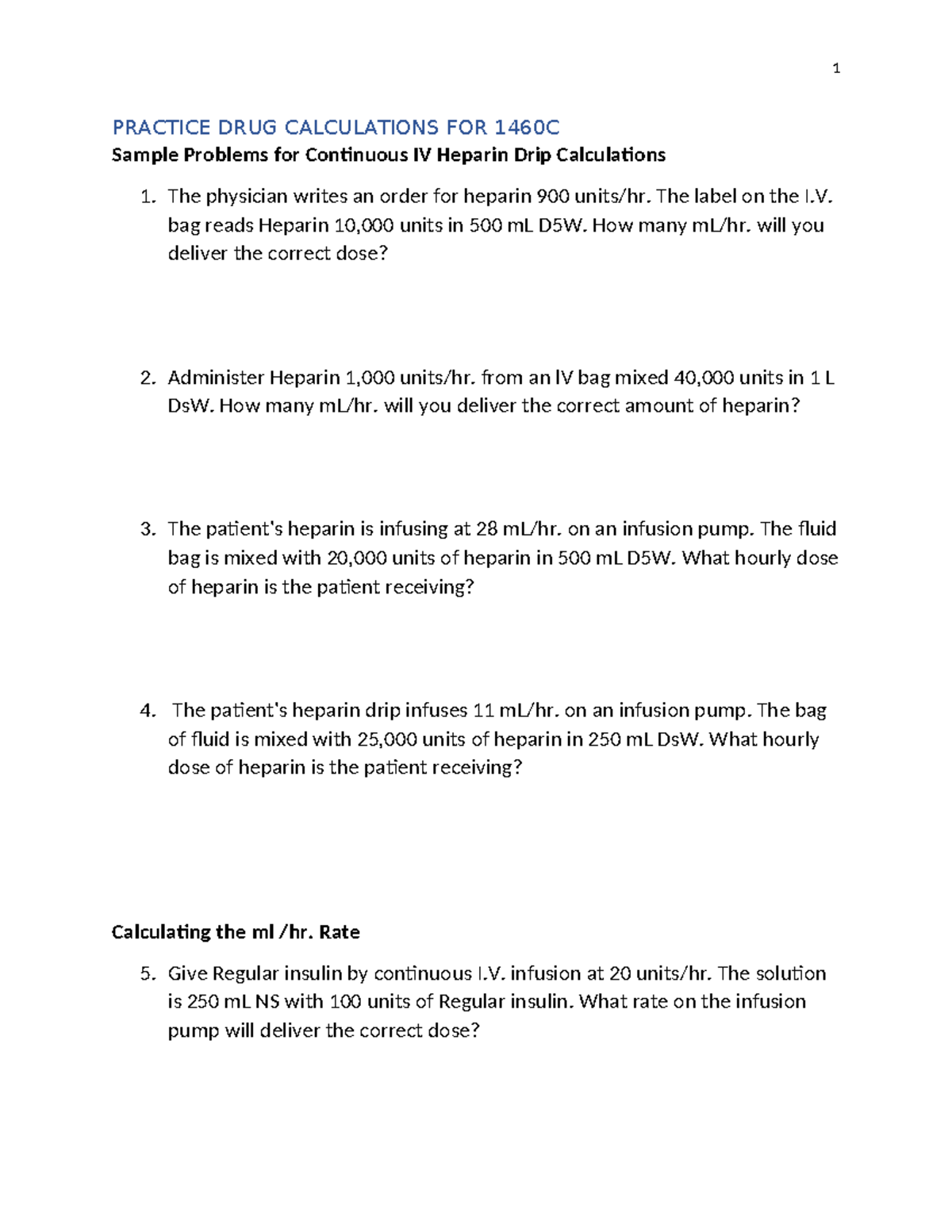 Additional Drug Calculation Practice Problems for 1460C - Studocu