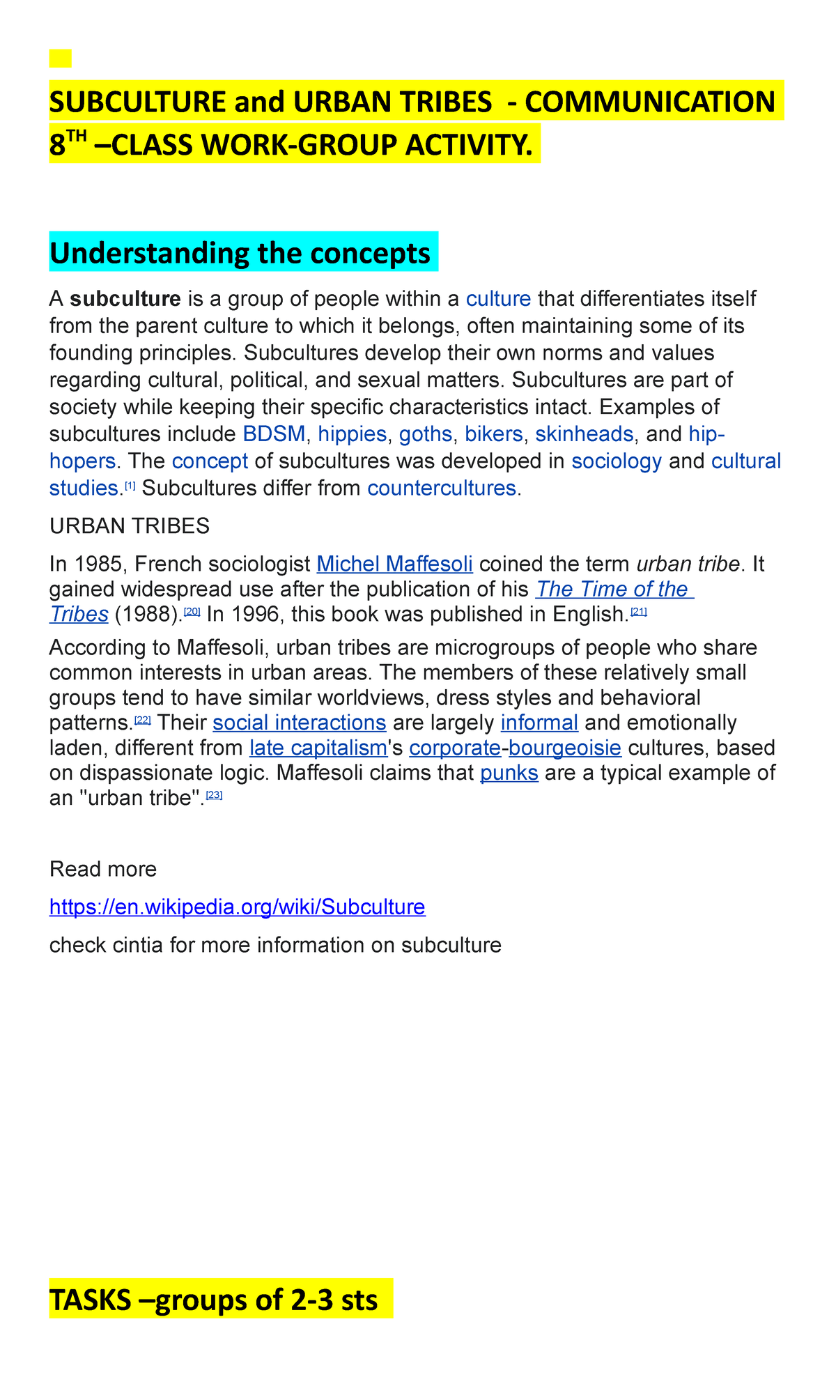 **Subculture & Urban Tribe Communication Activity - Comm 8TH Class ...