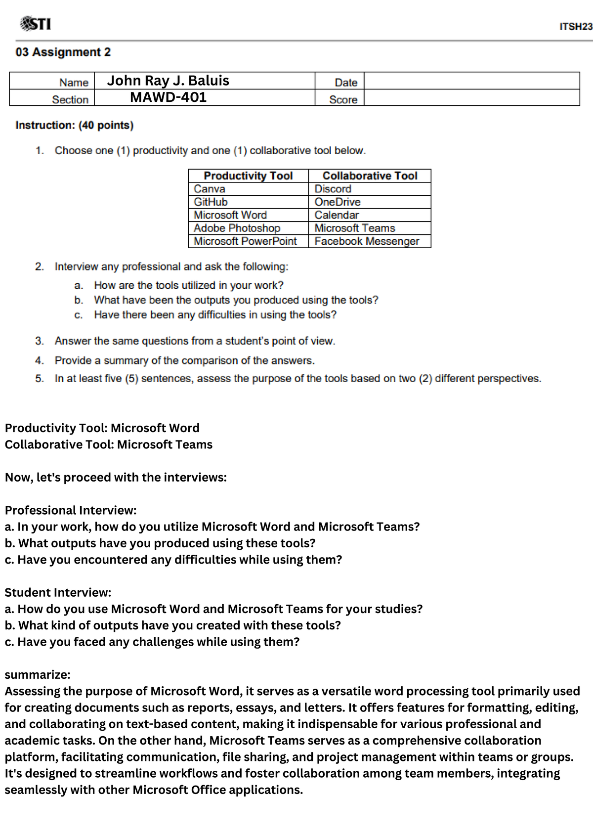 03 Assignment 2 - Professional & Student Interviews on MS Word & Teams ...