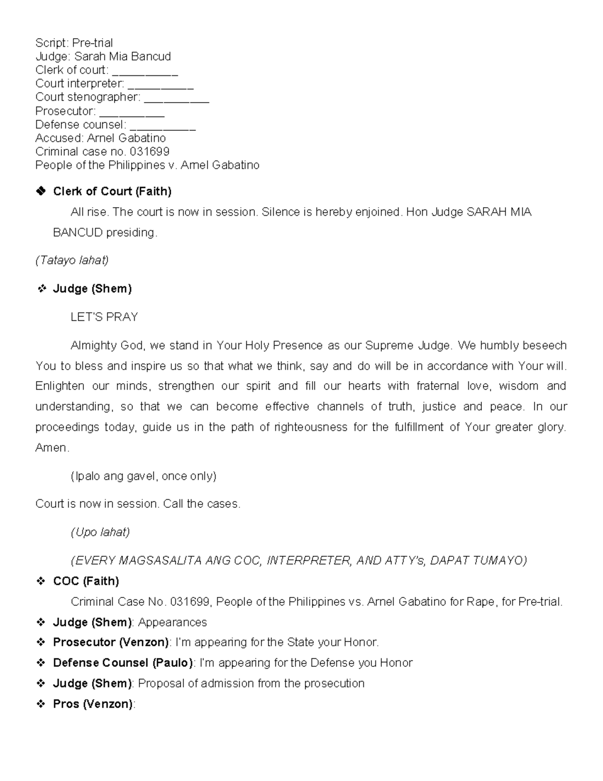 Criminal Case No. 031699: Pretrial Script for People v. Gabatino - Studocu