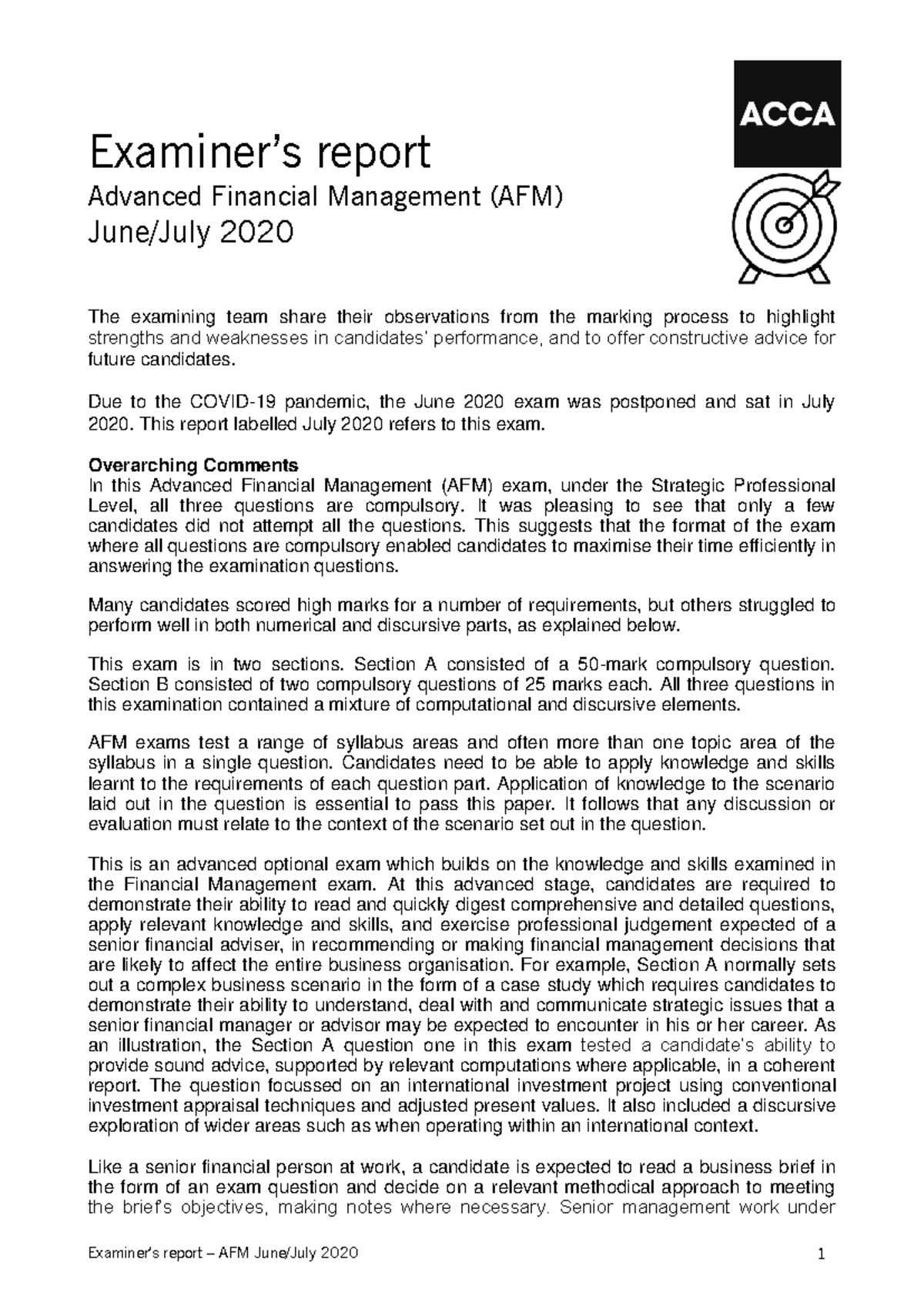 AFM Exam Report June 2020advanced fianacial Management examiner report ...