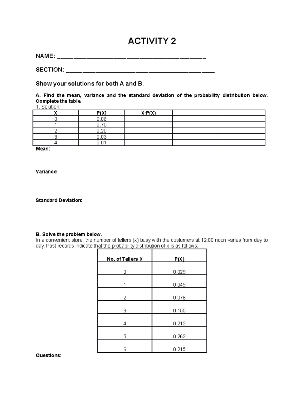Activity 2 (Stat and Prob) - ACTIVITY 2 NAME