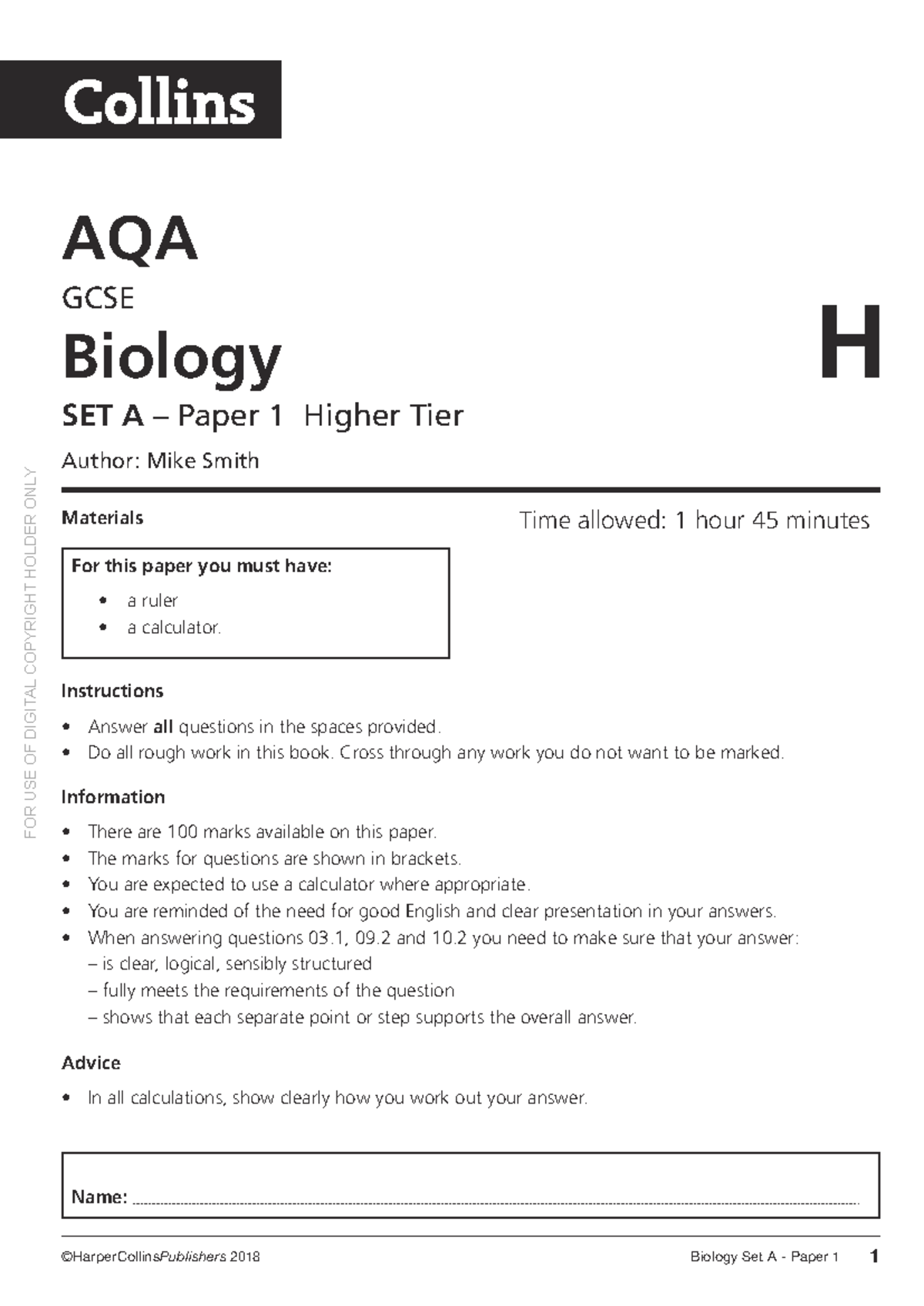 Collins GCSE AQA Biology Higher Tier Set A Paper 1 Exam 2018 - Studocu