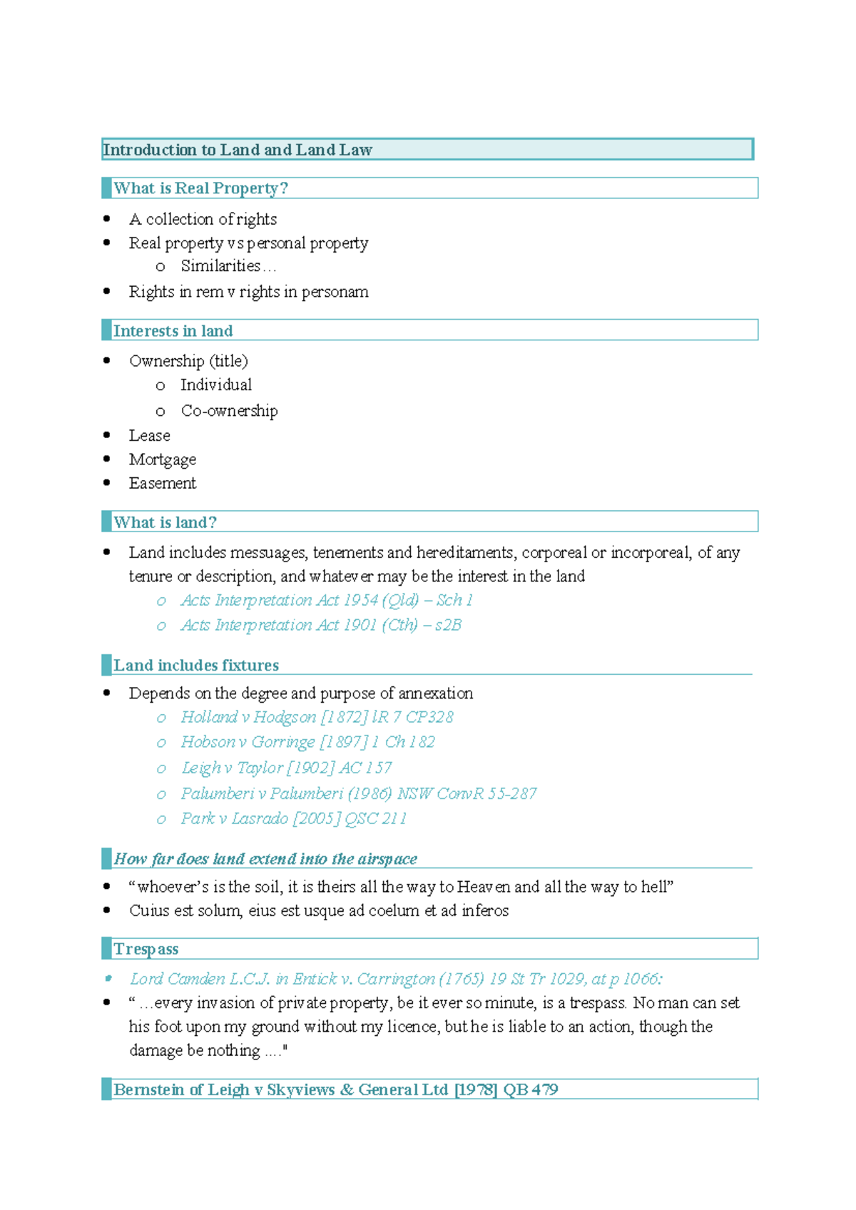 W1 - Lecture Notes on Real Property and Land Law Concepts - Studocu