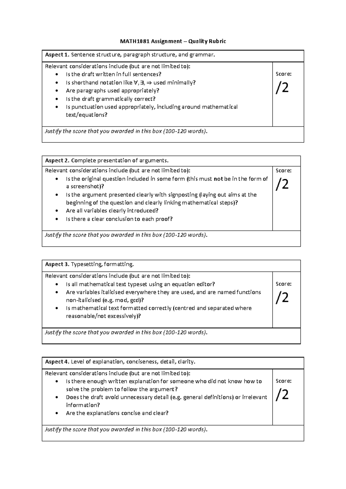 MATH1081 Assignment Quality Rubric - MATH1081 Assignment – Quality ...