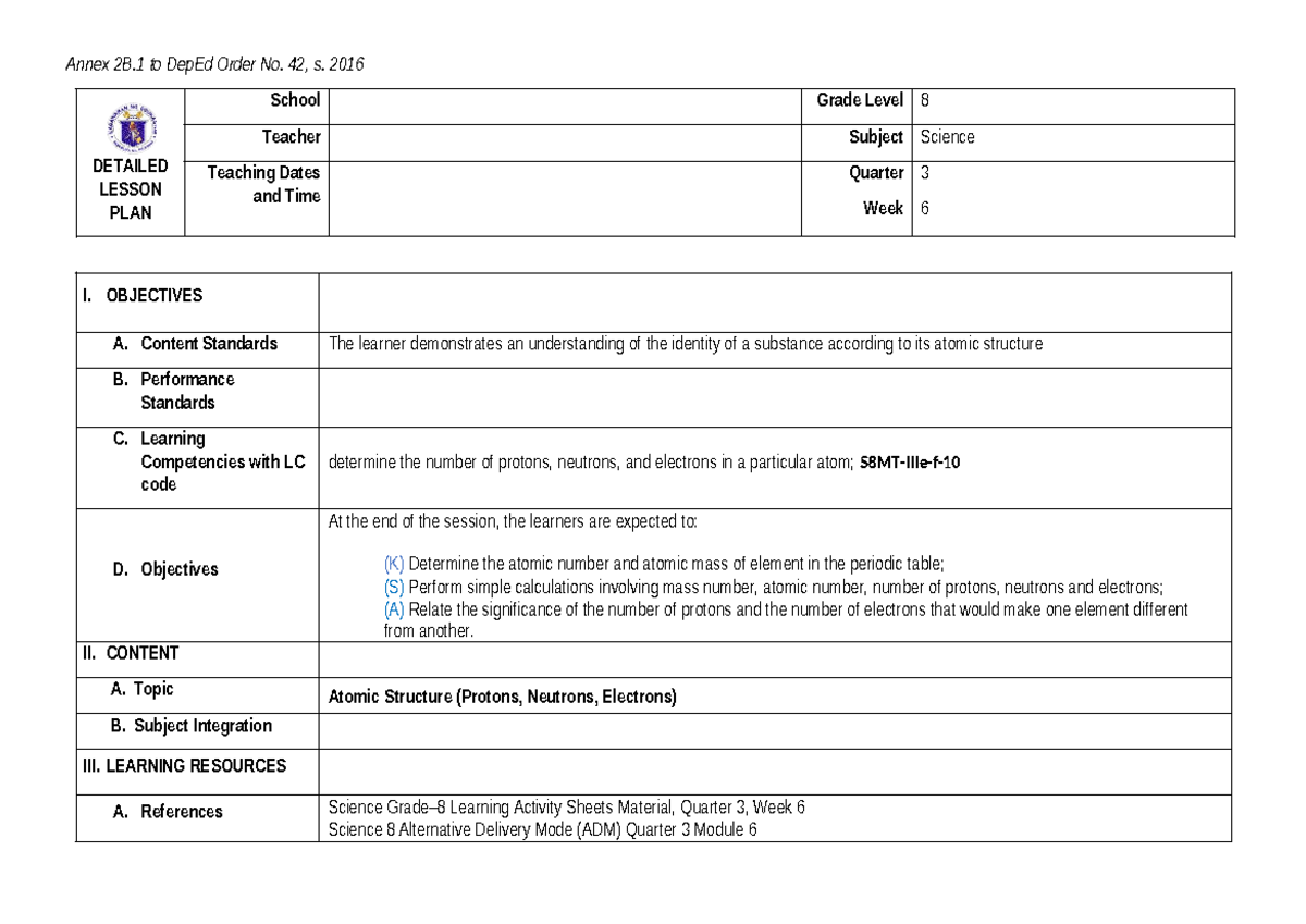 Science 8-9 lesson plan - Annex 2B to DepEd Order No. 42, s. 2016 ...