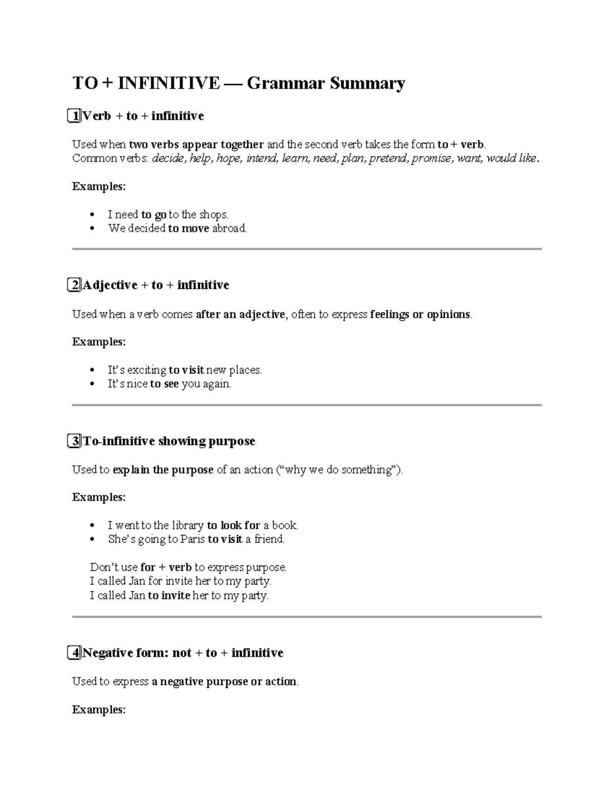 HM - AFAW Grammar Summary: Verb to Infinitive Usage - Studocu