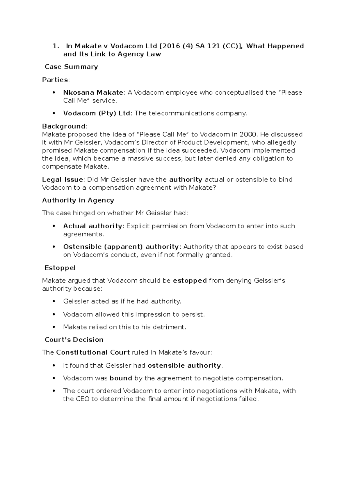Unit 2 Case Law: Makate v Vodacom & S. African Eagle Ins. Summary - Studocu