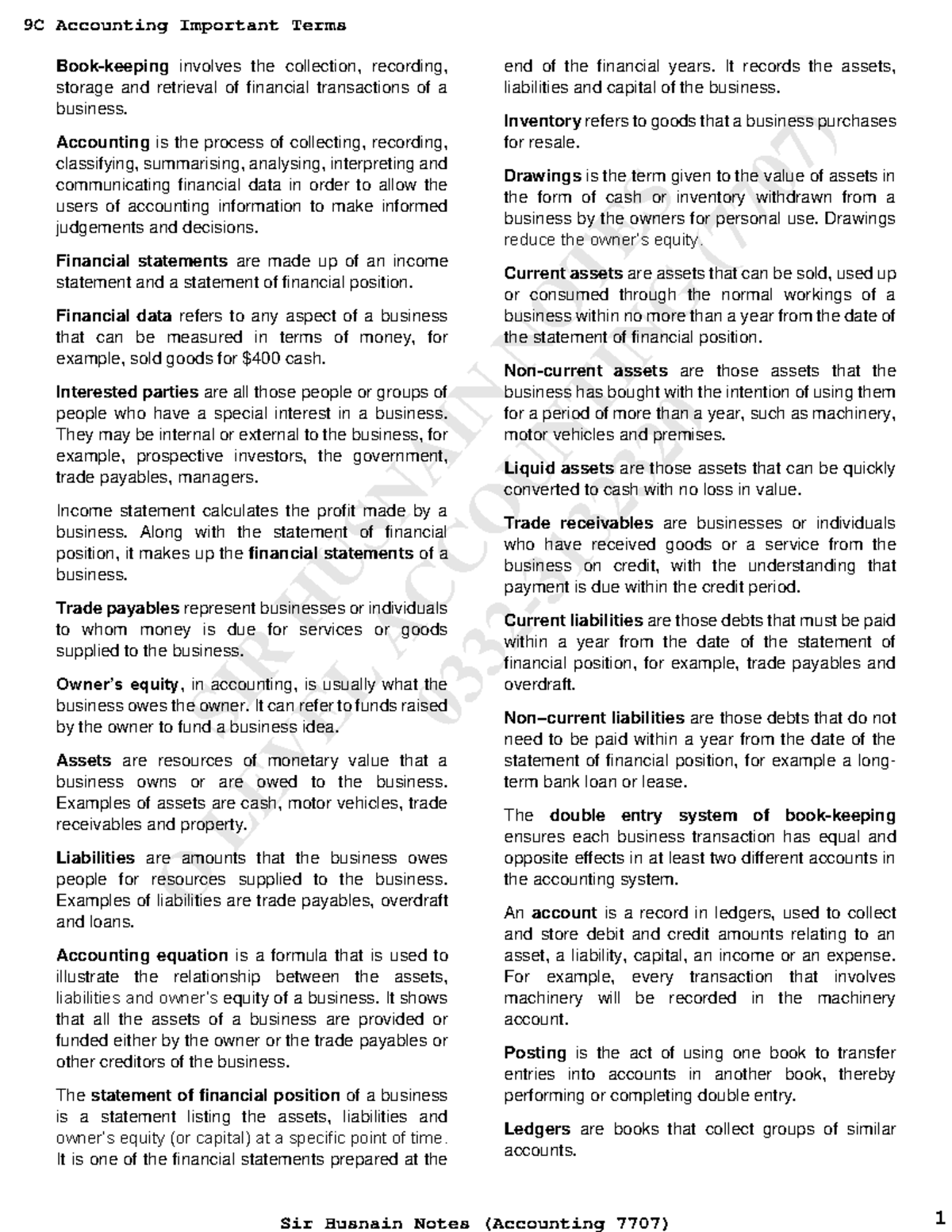 9C Definition - Accounting important terms. - Book-keeping involves the ...