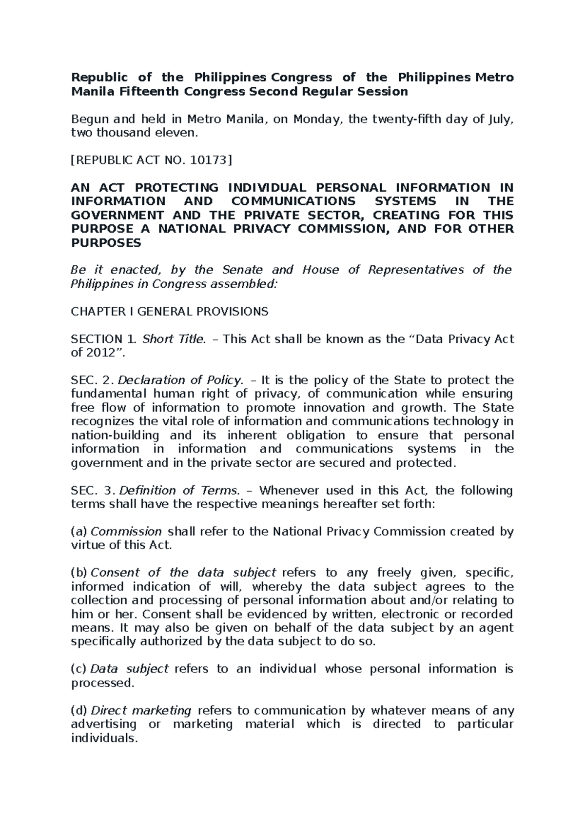 RA-10173 - Privacy Act of 2012: Key Provisions and Implications - Studocu