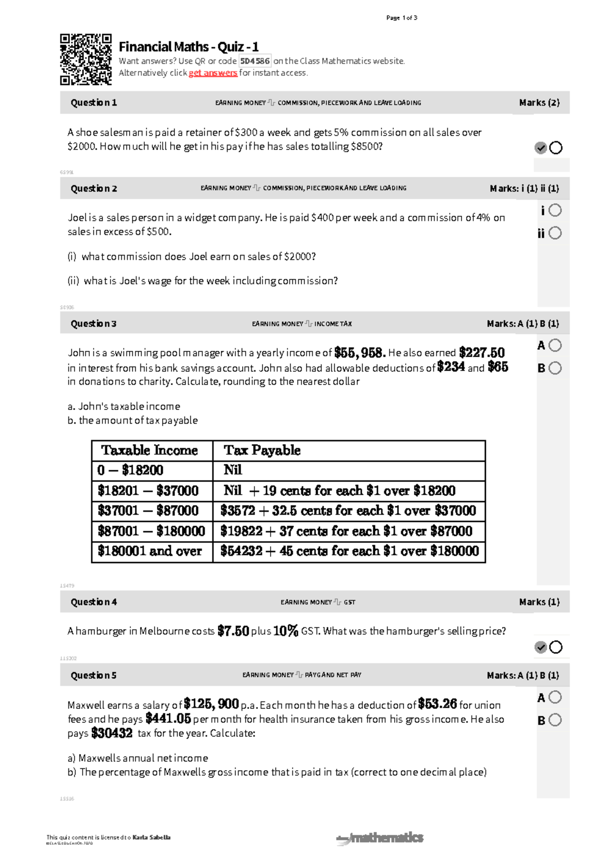 Financial Maths Quiz 1 - Earning Money Concepts and Calculations - Studocu