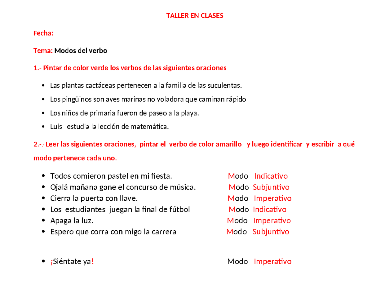 Modos del Verbo - Actividades y Ejercicios (TALLER) - Document Preview