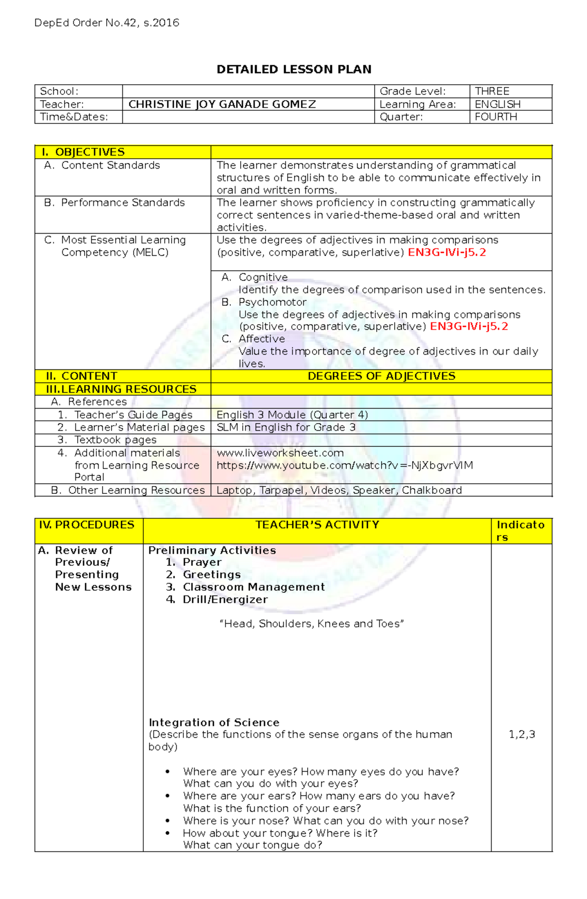DepEd Order No.42, s.2016 Detailed Lesson Plan on Degrees of Adjectives ...