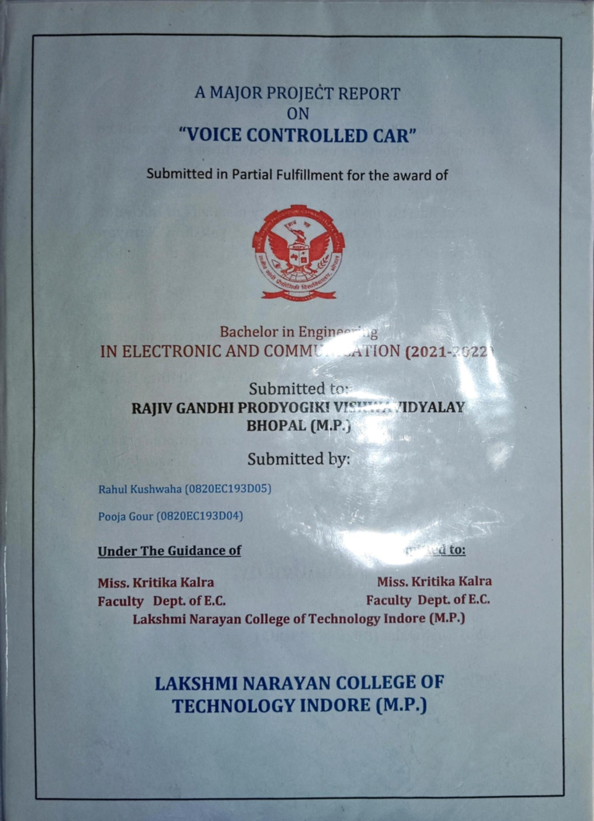 Major project report on voice controlled car (0820EC193D05 ...
