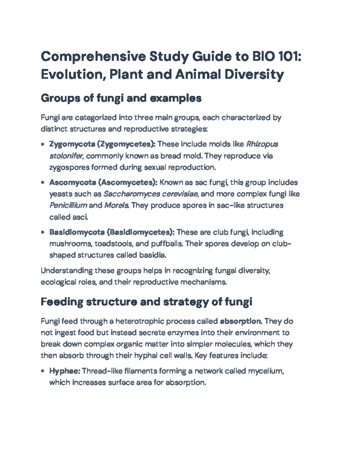 Comprehensive Study Guide for BIO 101: Evolution & Diversity of Fungi ...