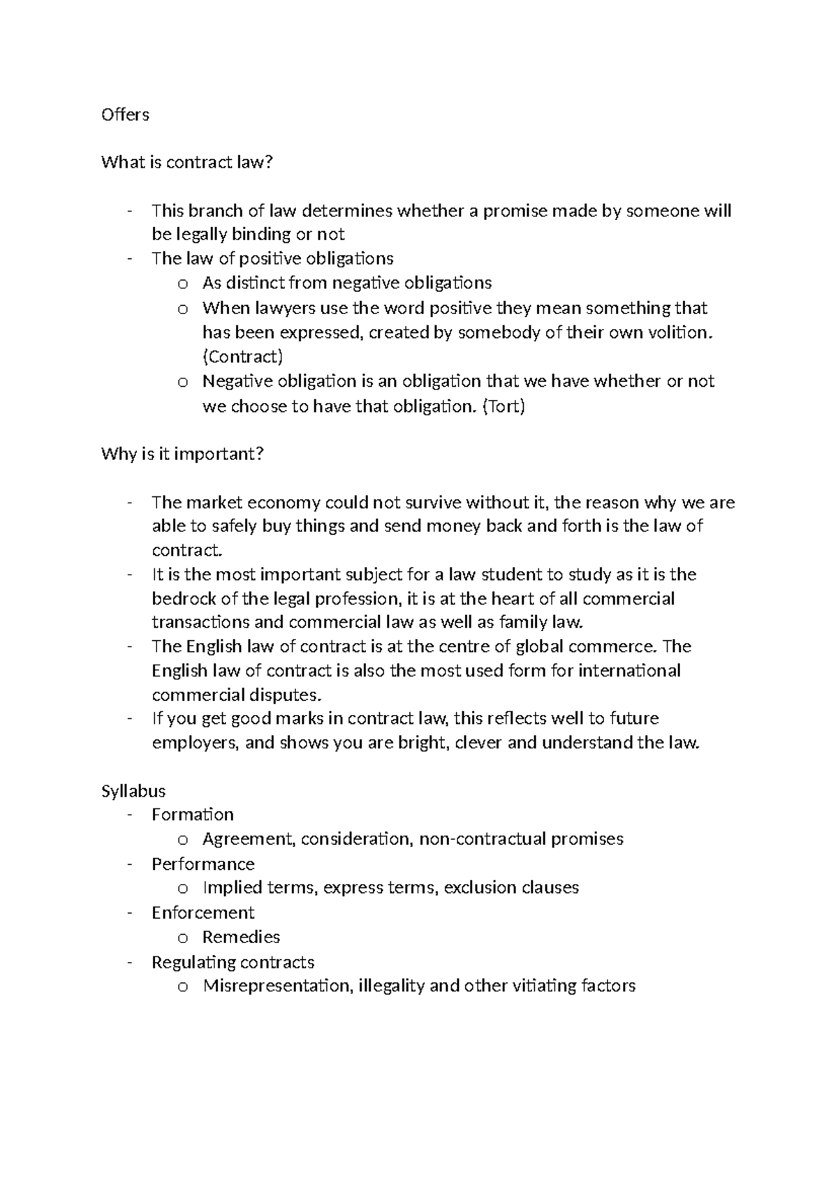 Contract Law: Lecture One - Understanding Offers and Acceptance - Studocu