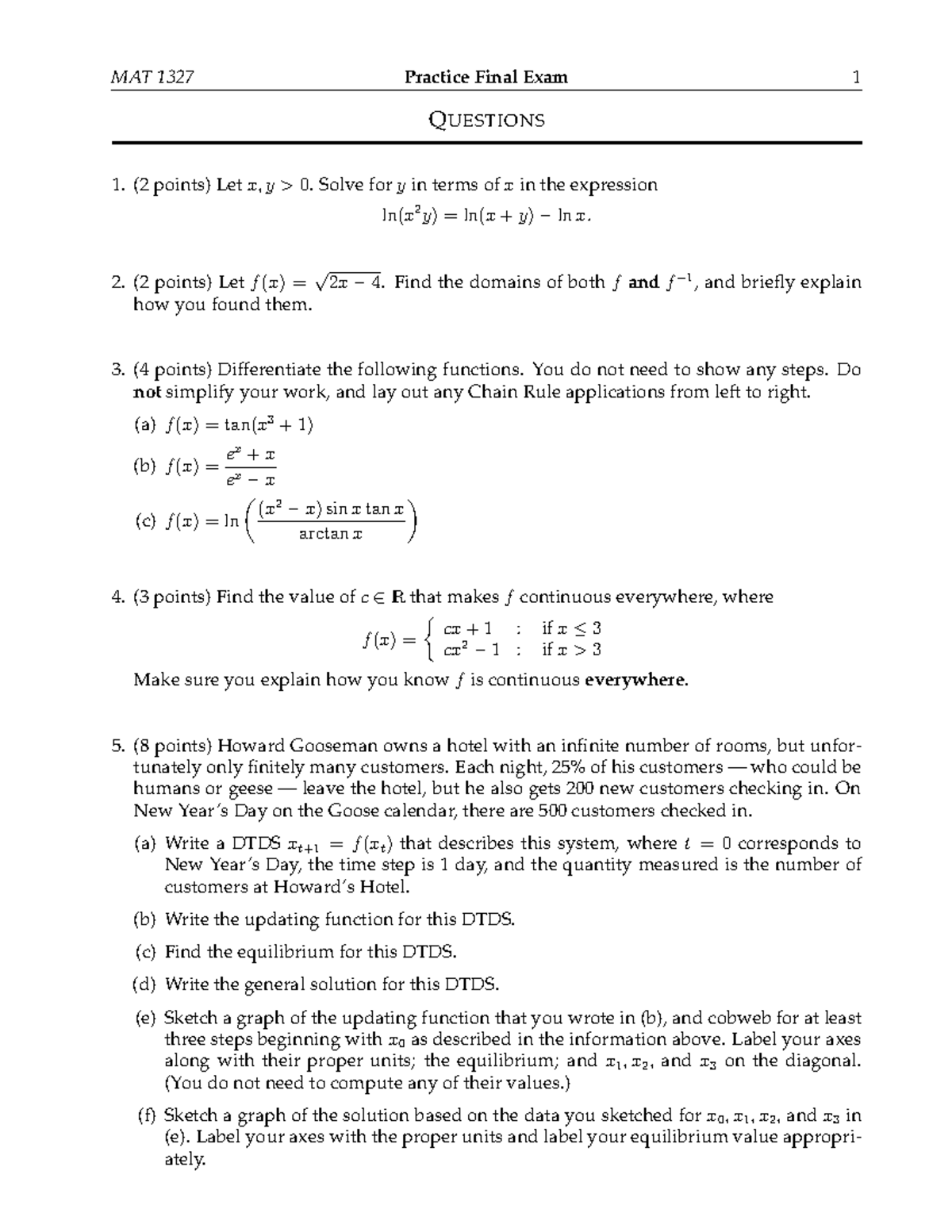 MAT 1327 Practice Final Exam Questions and Solutions - Studocu